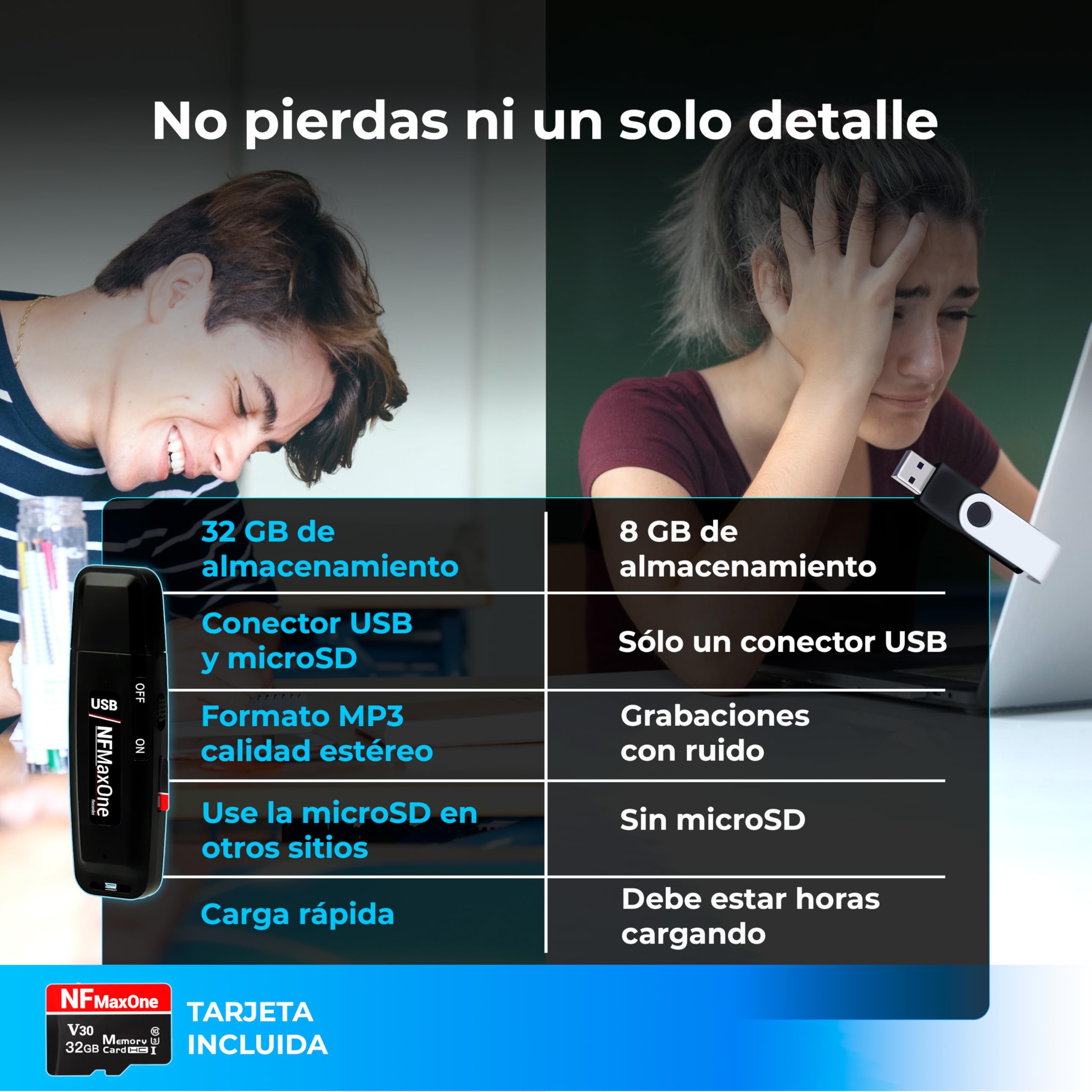 Grabadora de Voz Espia Digital con MicroSD de 32 GB incluida | Mini Grabadora de Audio Ideal para Reuniones, Entrevistas, Clases | Grabadora USB Espia Portatil con hasta 500 Horas Grabación ST