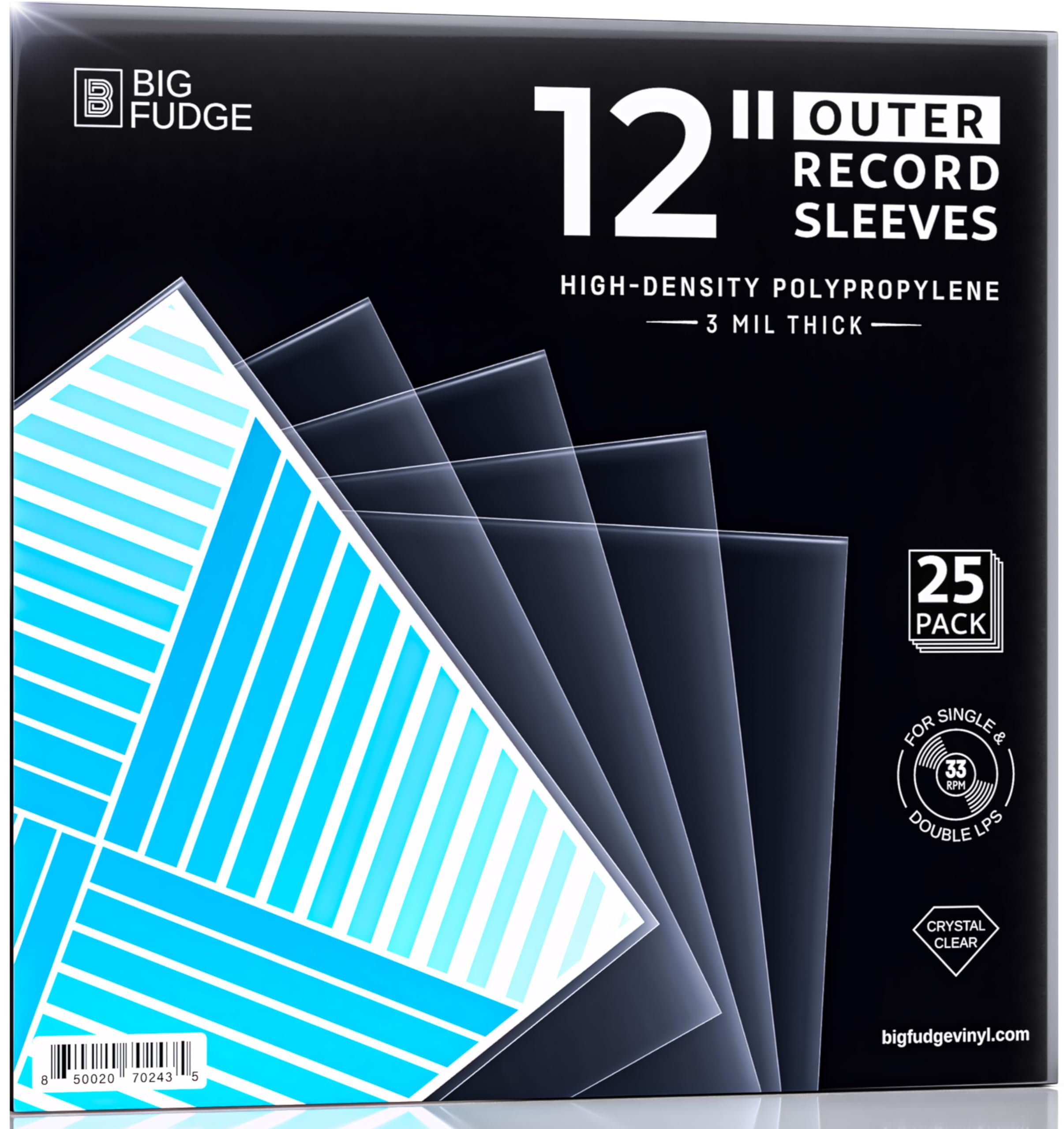 Big Fudge Vinyl Record Outer Sleeves - 25x Crystal Clear LP Album Covers in High-Density Polypropylene - Transparent Protective Cover for 12" Records - 3 mil Thick - Vinyl Record Sleeves