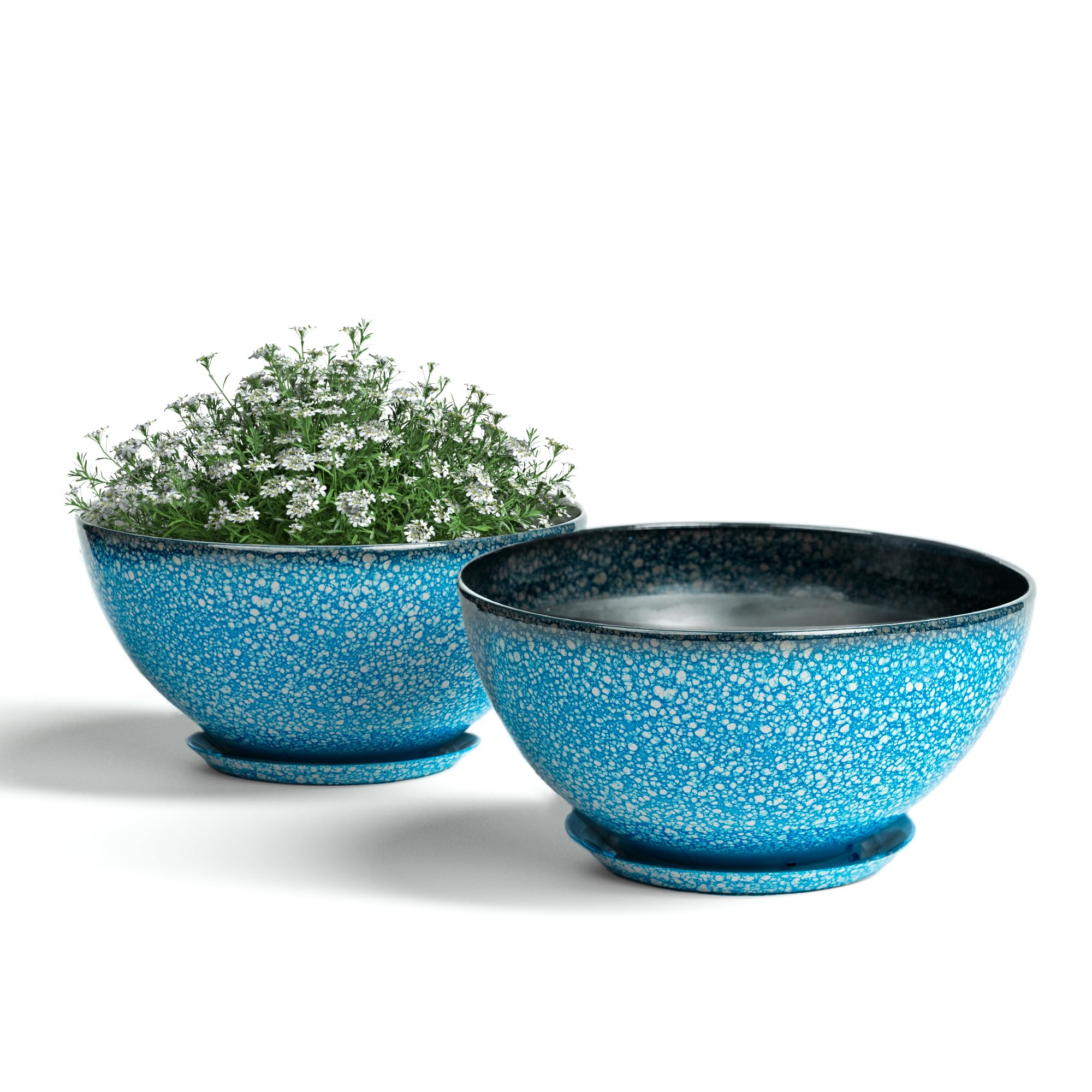 LESOASIS 2 Pack 10 inch Plastic Flower Plant Pots, Glossy Finishing Planter with Drainage Hole, Flower Planter for Indoor Outdoor House Plants, Livingroom Decor (Blue with White Spray)