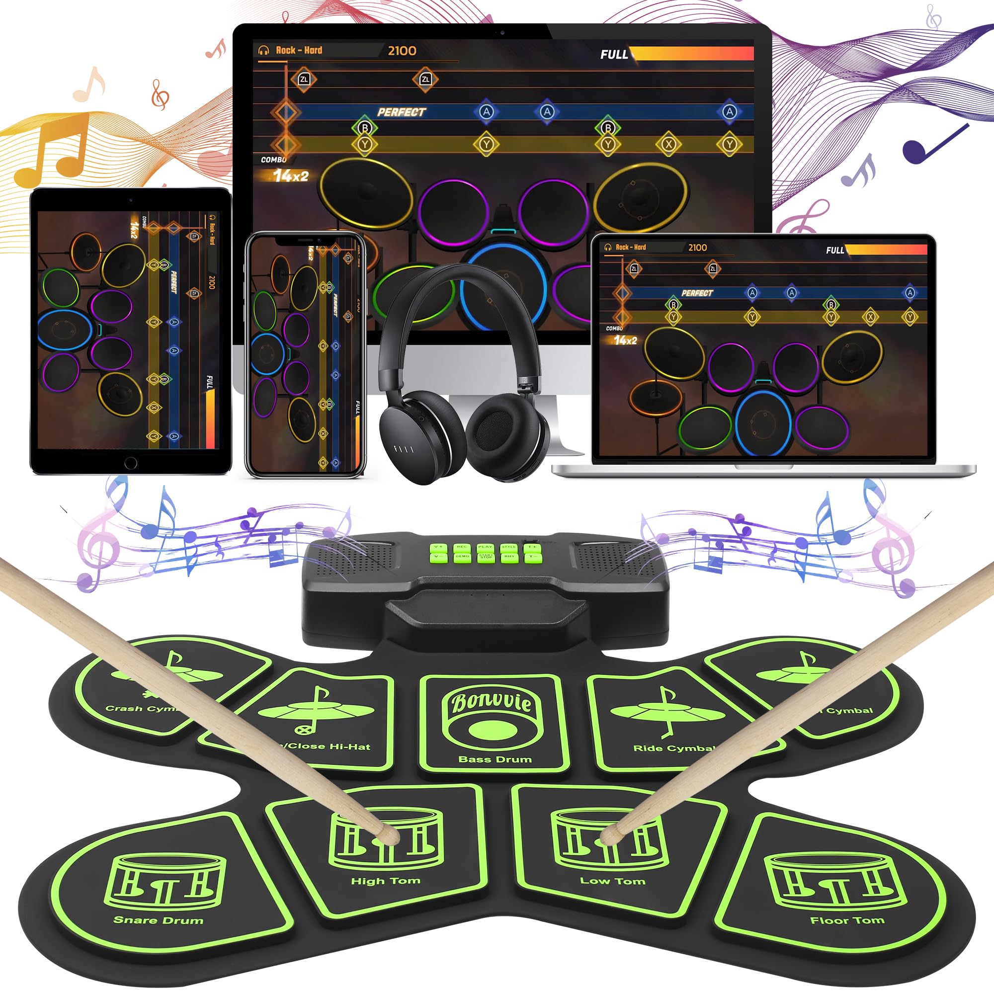Batterie Électronique E-Drum Kit, Bonvvie Roll Up Digital Drum avec 9 Pads, MIDI, DTC, Double Haut-parleurs Intégrés, Batterie Rechargeable 1800mAh Li-ion,Idéal pour Débutants, Étudiants et Passionnés