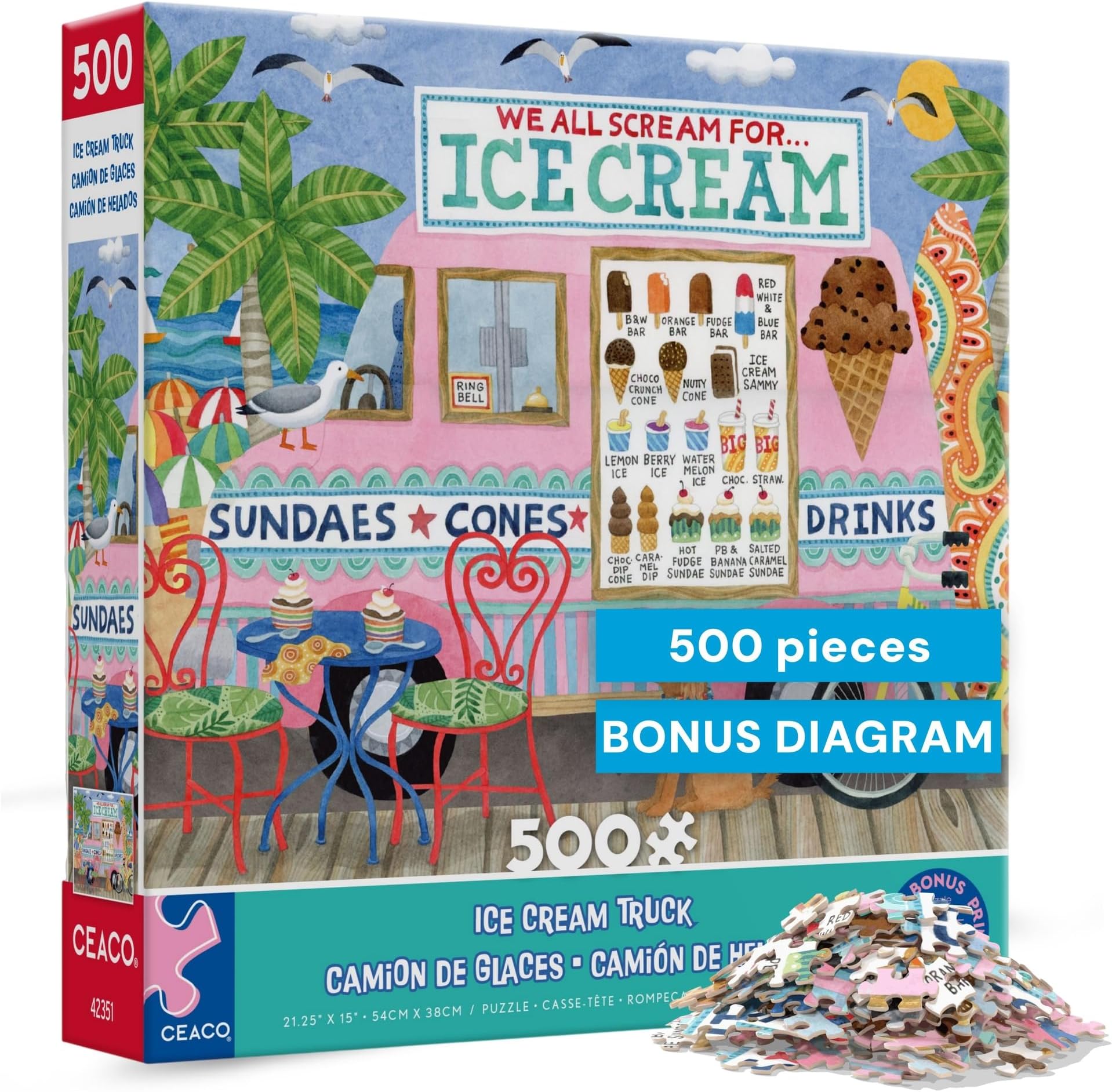 Food Trucks - Ice Cream Truck II - 500 Piece Jigsaw Puzzle for Adults and Families - Colorful Summer Beach Scene with Ice Cream Stand - Finished Size 19 x 19 - Made in the USA