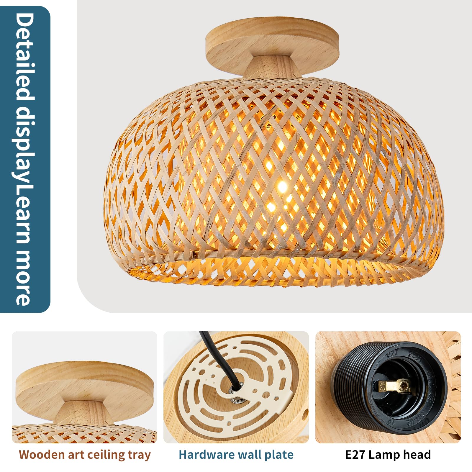 Mikeru 30cm Vintage Handmade Woven Ceiling Light, LED Natural Bamboo Pendant Light - Image 4