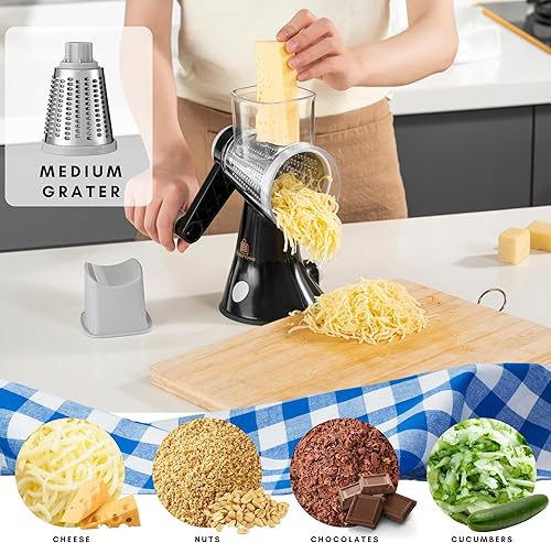 Miniatura 5 de Brieftons Rallador de queso giratorio de 4 cuchillas, cortador de alimentos de cocina con asa, cortador de verduras de mandolina, molinillo de