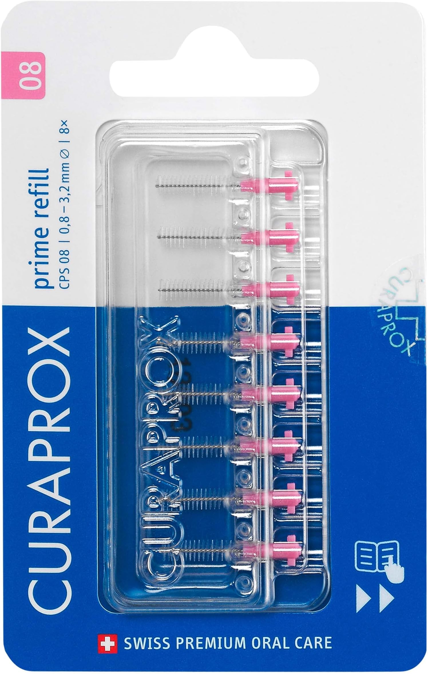 Interdental Brush Refills CPS 08 Prime – ISO Size 1, Pink | Ultra-Fine Filaments for Precise Interdental Cleaning | 8-Pack | Swiss Made | English Packaging