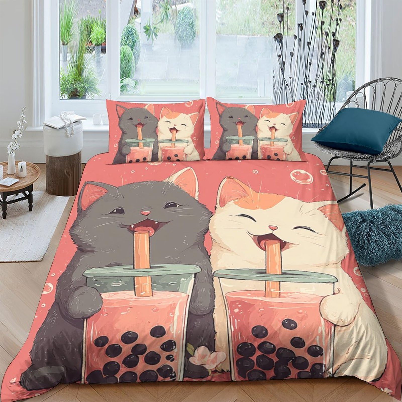 Ctjqhvkz Style-2 3D Printed Bubble Tea Cat Fitted Sheet Microfiber Soft Anti-Slip Cartoon Animal Bed Cover For Bedroom Dorm Room Decor Single（135X200cm）