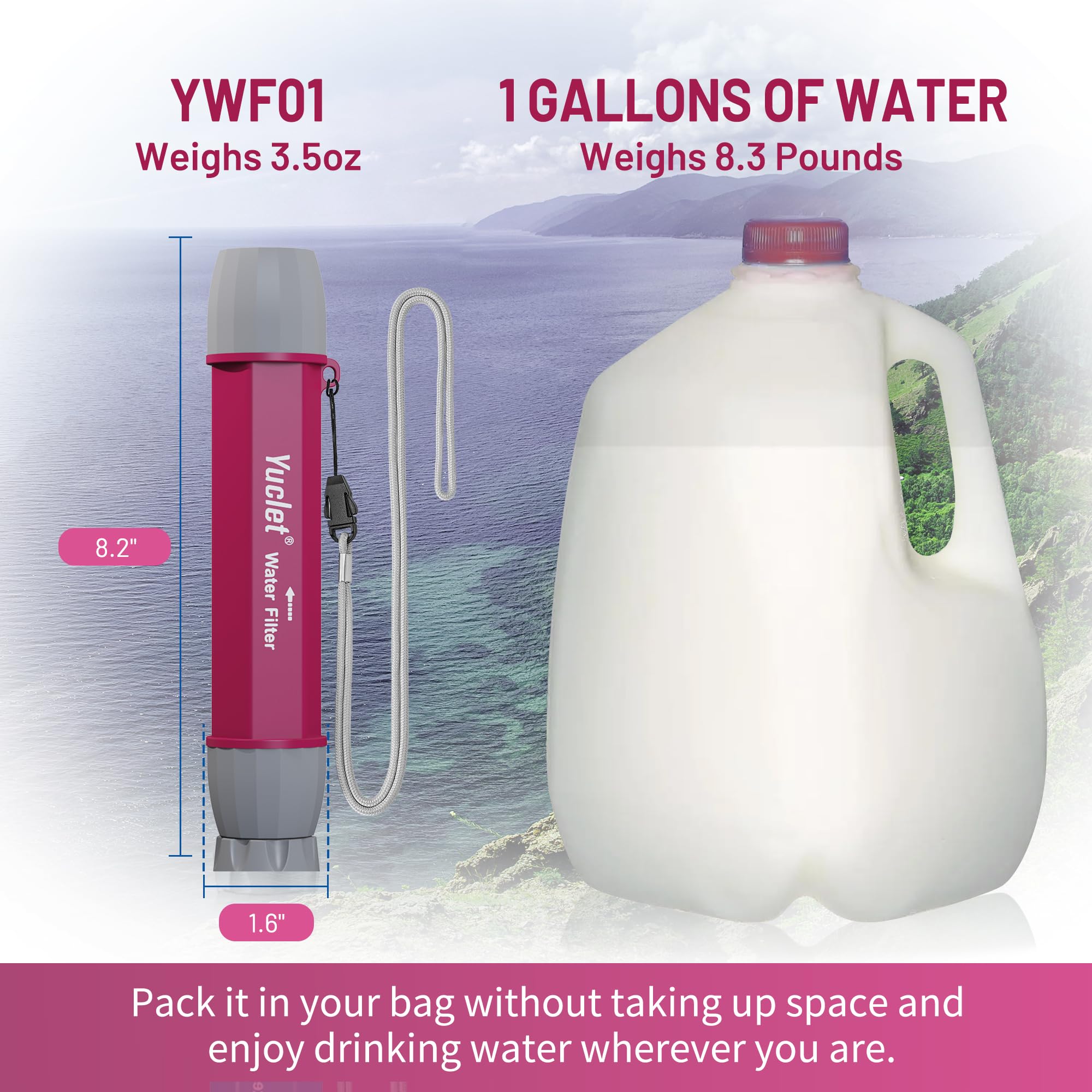 Yuclet YWF01 Paja con filtro personal para beber, sistema de filtración de agua portátil, equipo de supervivencia y suministros para camping, senderismo, viajes y preparación