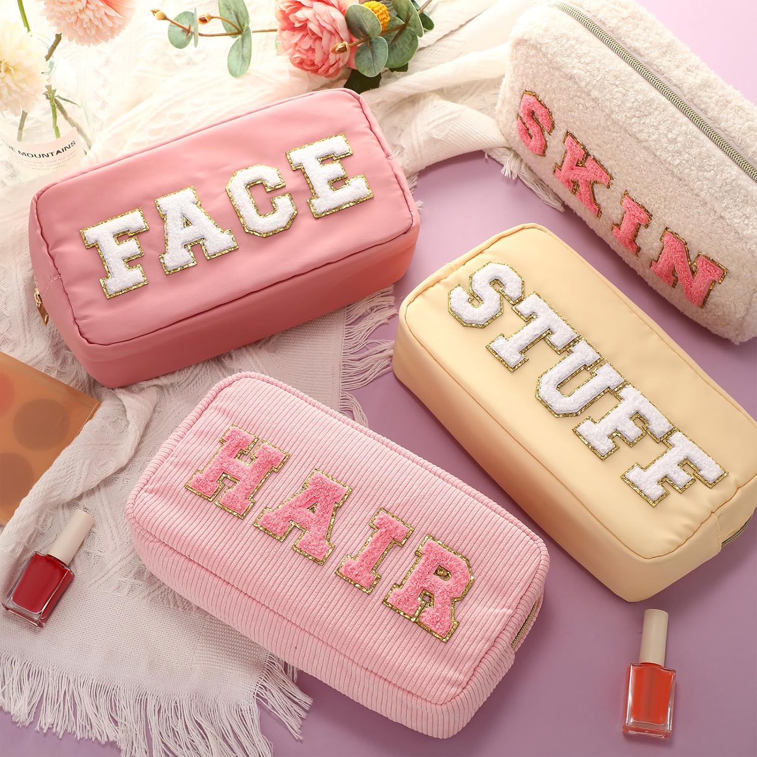 Kajaia 4 Pcs Preppy Makeup Bags Chenille Letter Bag Hair Face Skin Stuff Cosmetic Pouch Cases for Women Travel Toiletry Spend The Night(Beige, Powder, Milk White, Pink,Grace)