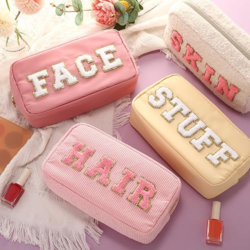 Miniatura 9 de Kajaia 4 piezas de nailon preppy bolsa de maquillaje con letras, bolsa de aseo cosmético, bolsa de maquillaje de chenilla, bolsa de viaje con