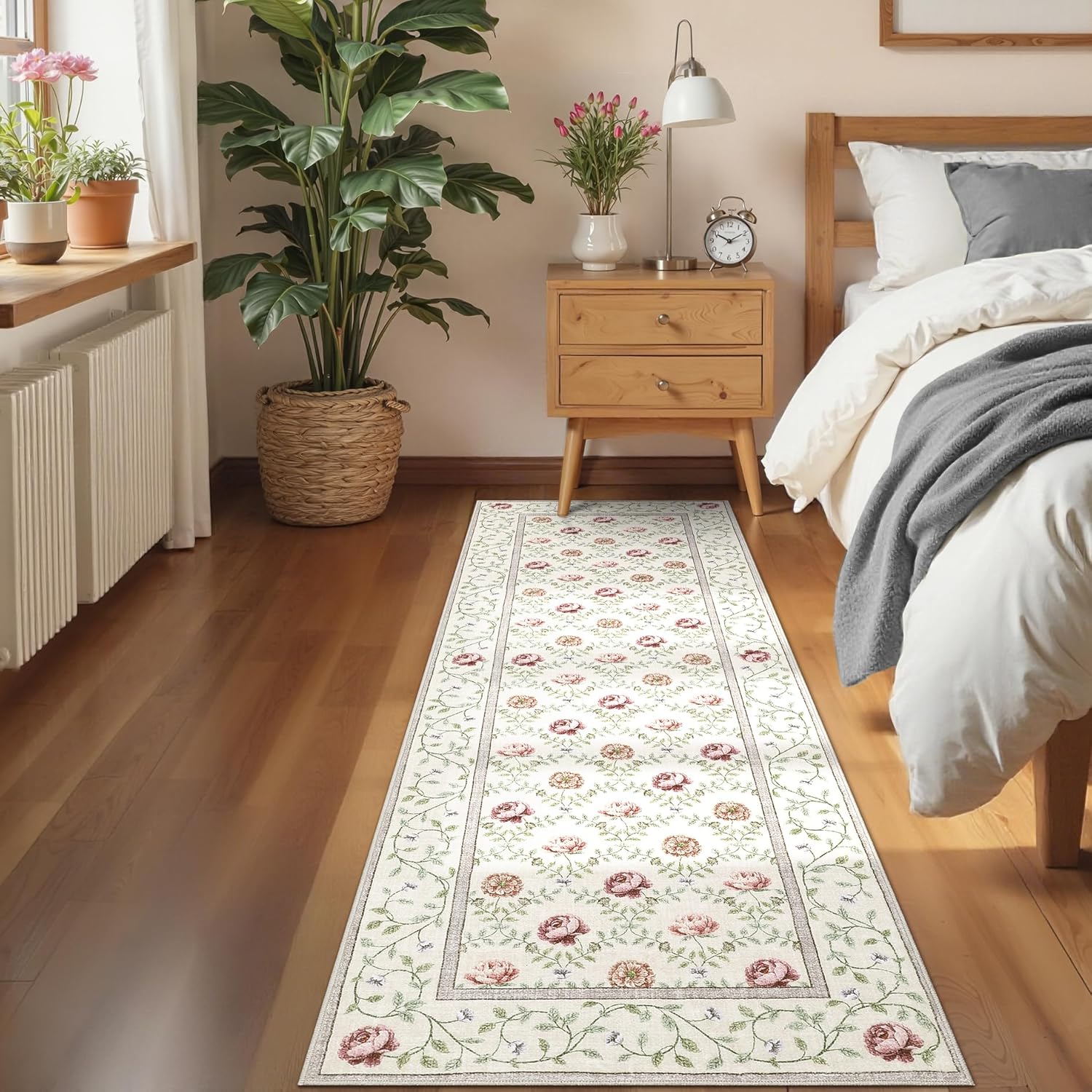 GarveeHome Runner Rug for Hallways 2x6 Kitchen Rugs, Non Slip Washable Vintage Floral Runners Soft Low Pile Botanical Print Stain Resistance Long Carpet for Entryway Bedroom, Beige