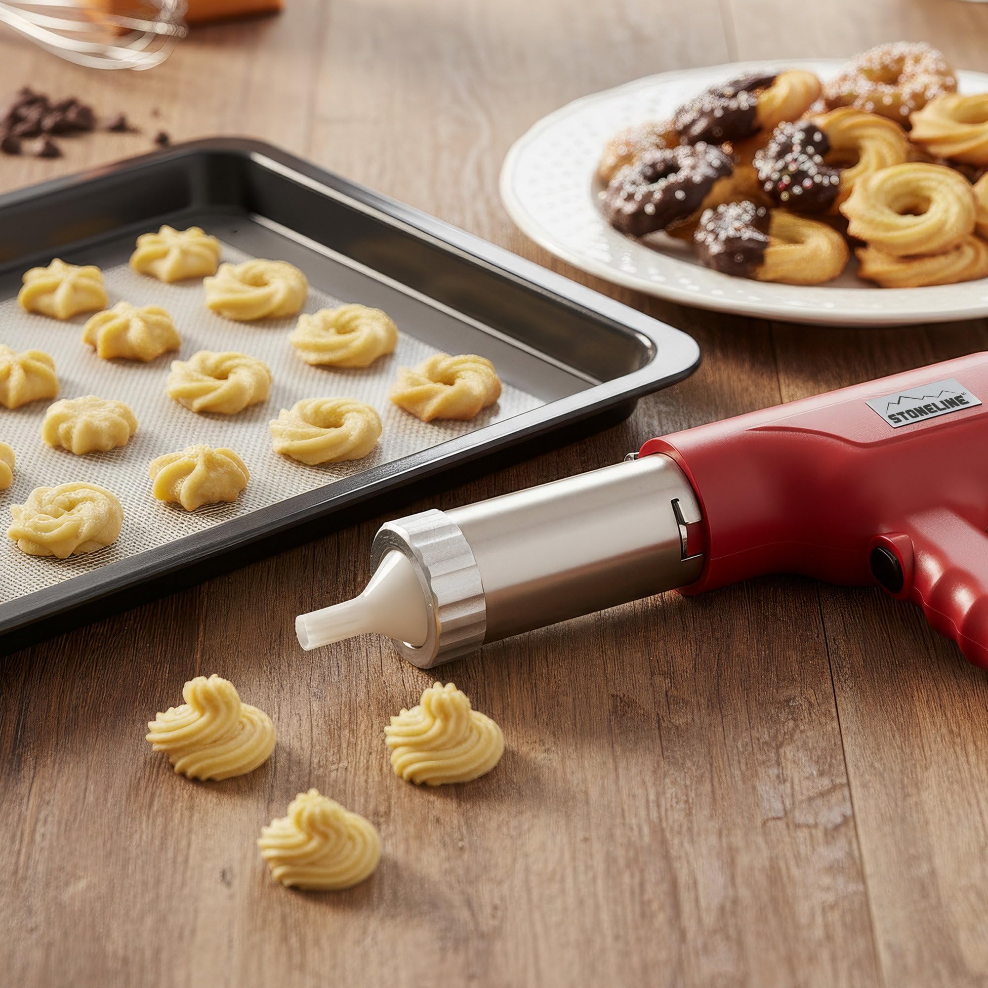 STONELINE Máquina de Pasta Eléctrica de Mano, Recargable USB 3000mAh 40 W, Máquina para hacer Pasta automática, con 8 Accesorios para Pasta Fresca Espaguetis Ñoquis Galletas Churros, Acero inoxidable,