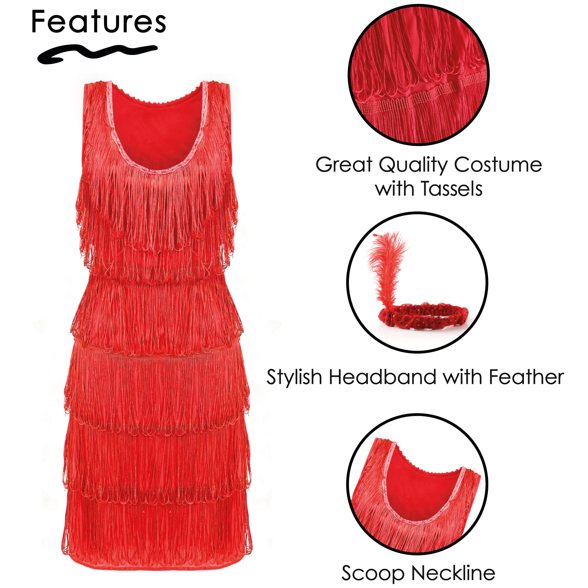 Robe Flapper avec franges avant et arrière comprend une bande coordonnée, une fausse cigarette, un collier de perles et des gants corrects parfaits pour les fêtes disponibles en 5 tailles et 4