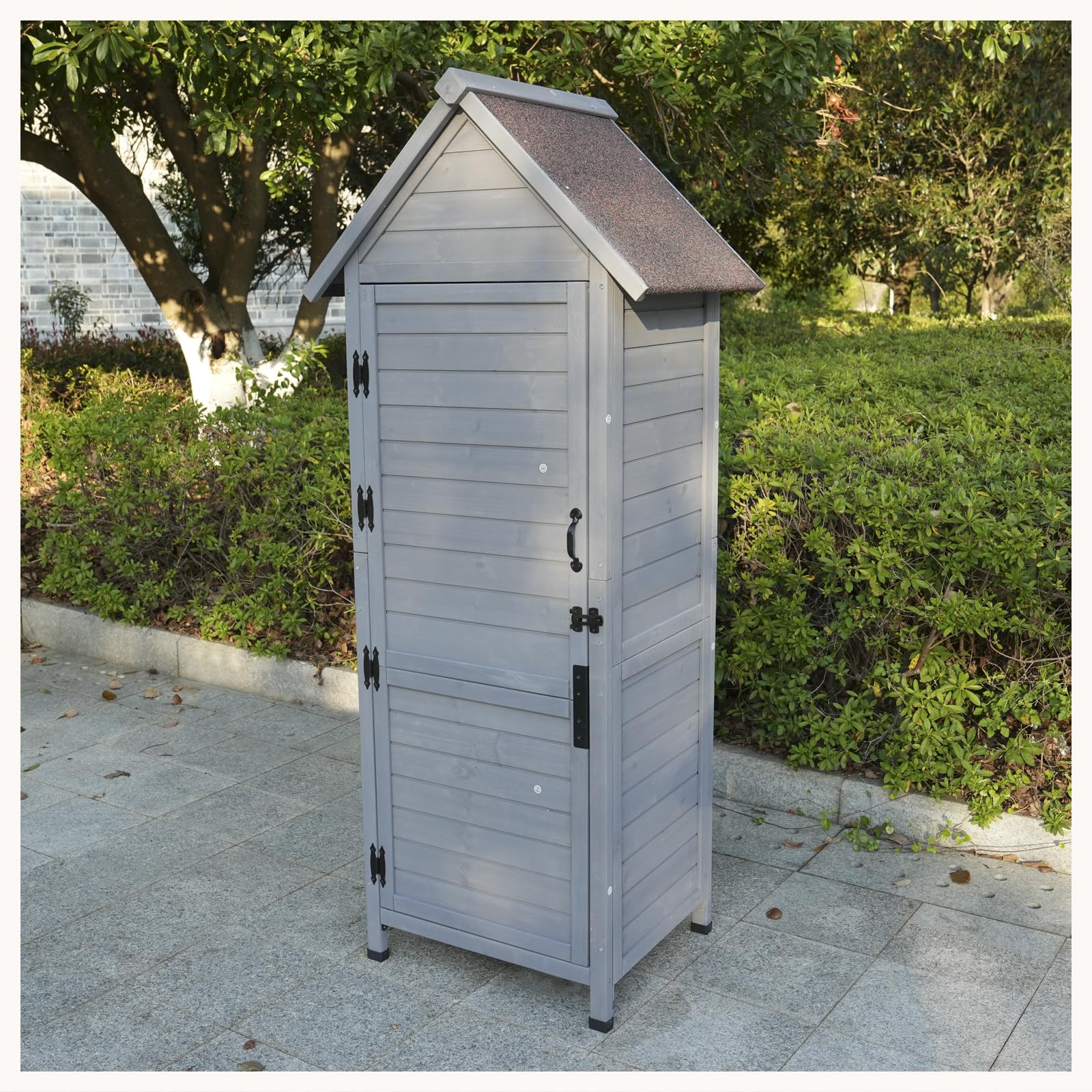 Armoire de jardin d'extérieur grise à 3 étagères, ferrures de porte de haute qualité, toit en asphalte