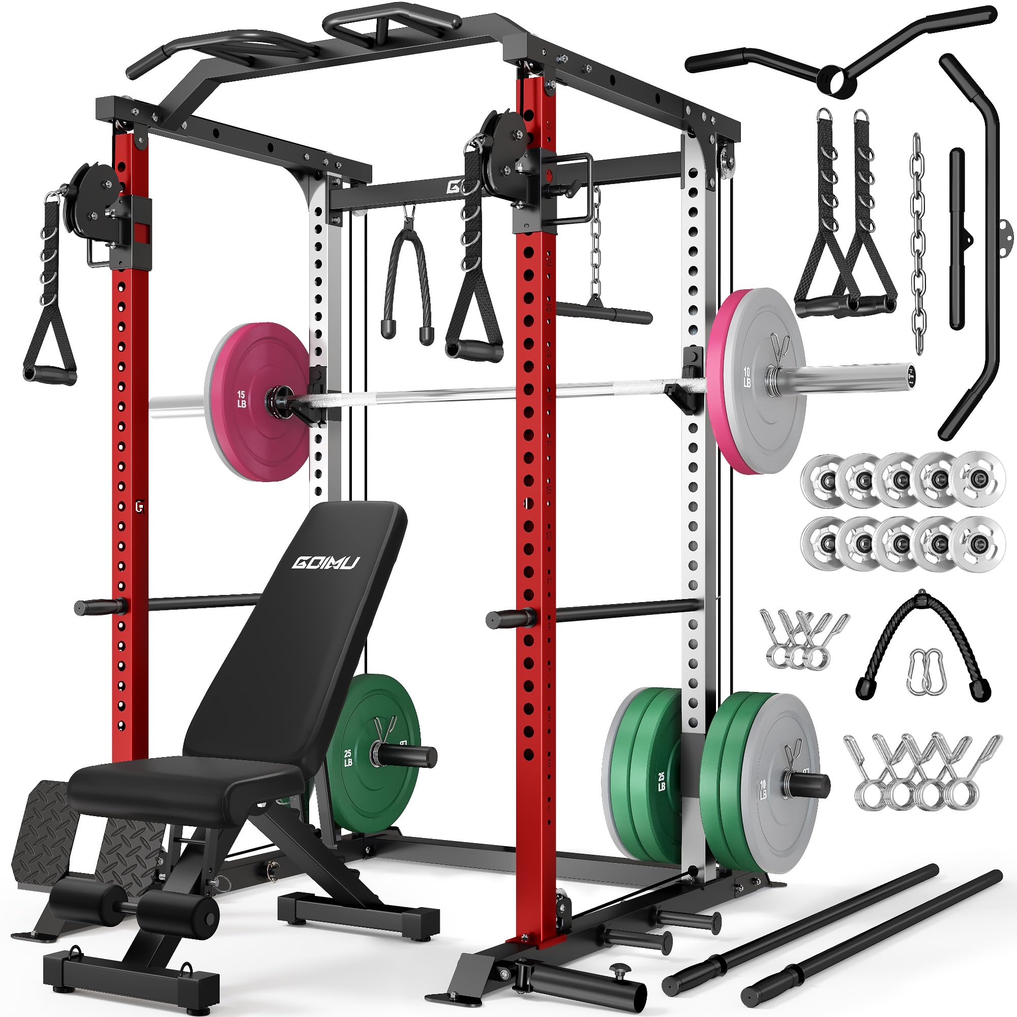 DP01 Power Cage, 2000LBS Squat Rack with Cable Crossover and Dual Independent Pulley System, Full Cage for Full Body Training, Power Rack with More Training Attachments for Home Gym
