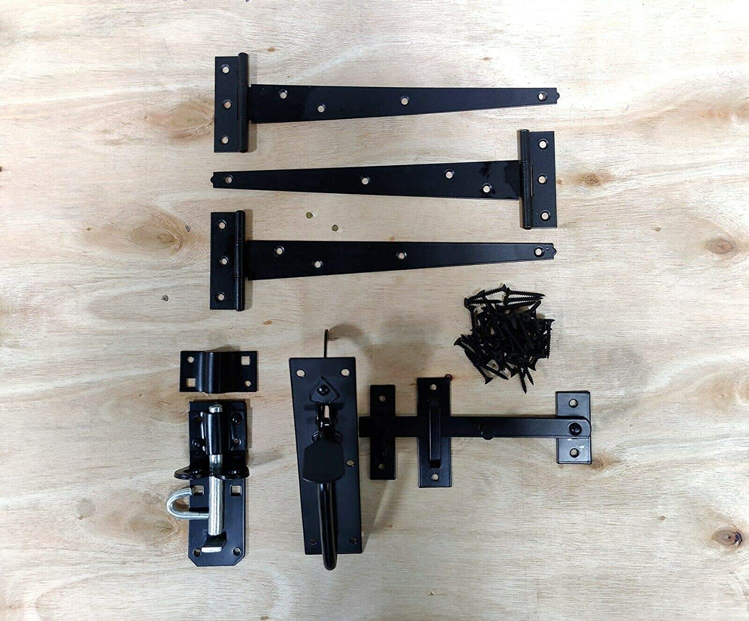 Gate Fitting Kit 10" 250mm Heavy Duty Tee Hinges (3), Suffolk Latch and Brenton Bolt Lock Wooden Garden Gate Set Zinc- Ideal for Garden Gate, Shed Doors & Barn Doors, Supplied with All The fixings