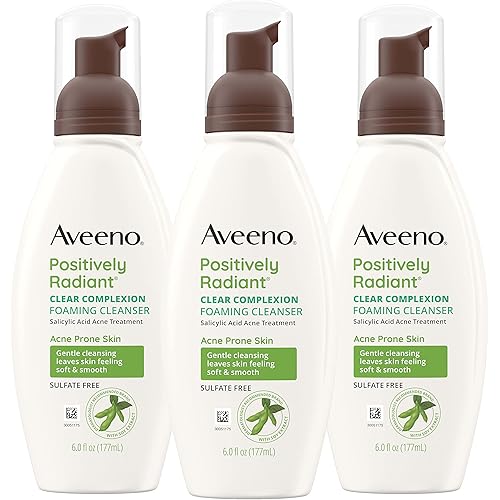 Aveeno Clear Complexion Foaming Oil-Free Facial Cleanser with Salicylic Acid Acne Medication for Breakout-Prone Skin & Soy Extracts, Hypoallergenic & Non-Comedogenic, 6 fl. oz, Pack of 3