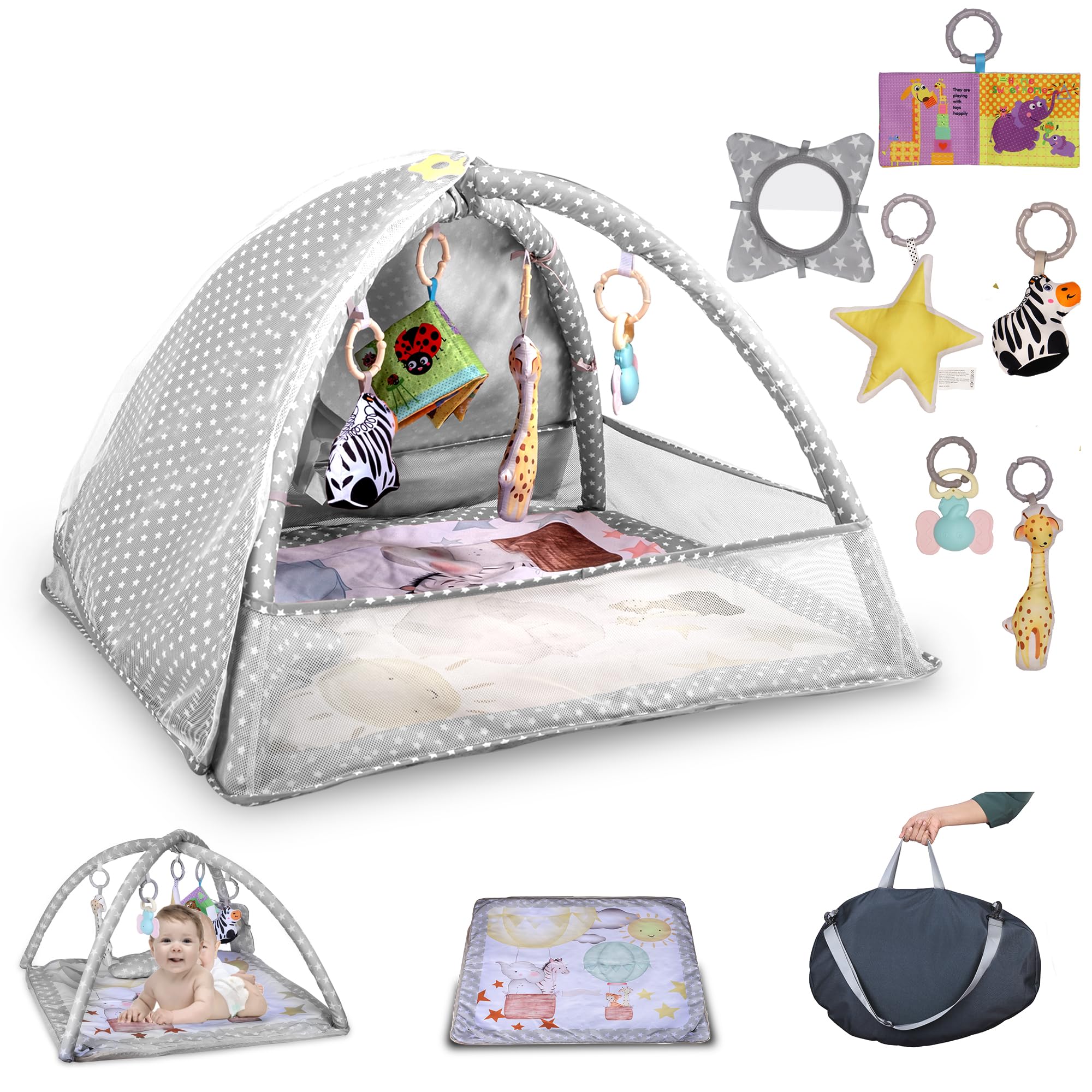 Kidikools 6-in-1 Baby Play Gym Activity Center with Mosquito Net | Foldable Baby Play Mat for Floor with Sunproof Canopy | Portable Tummy Time Mats for Babies 0-12 Months (Grey)
