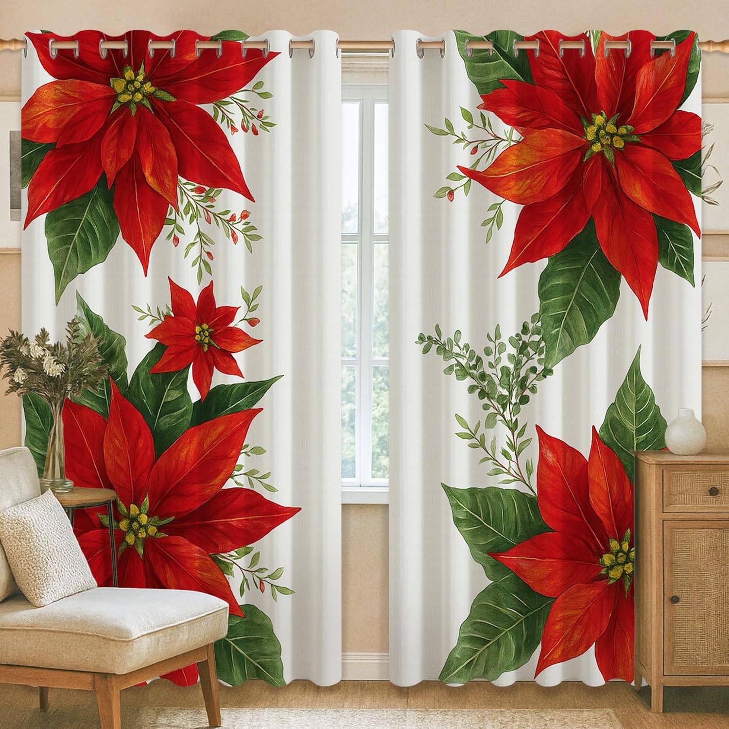 Poinsettia Blackout Curtains, Holiday Floral Leaf Flower Christmas Red Machine Washable Window Curtain Panels for Living Room Home Office Window Decor 52x63 Inch
