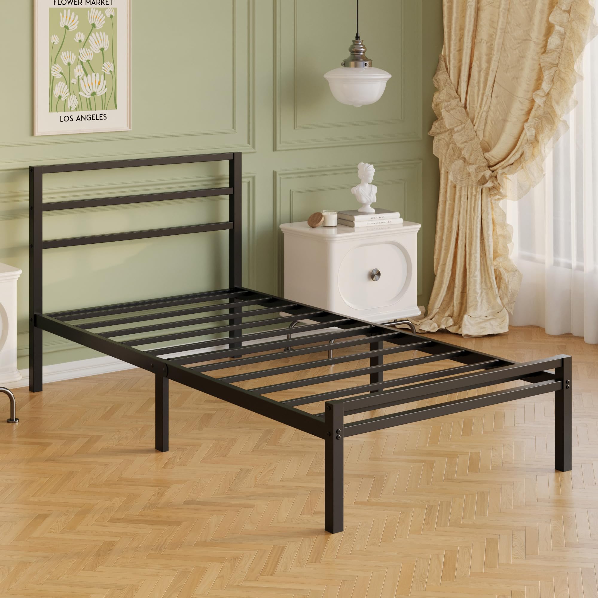 Lutown-Teen Einzelbett 90 x 200 cm mit Kopfteil und Fußteil, 30cm Höhe Metallbett mit Lattenrost aus Metall, Metallbett Einzelbetten Bettrahmen, Stauraum unterm Bett, Leichte Montage, Schwarz