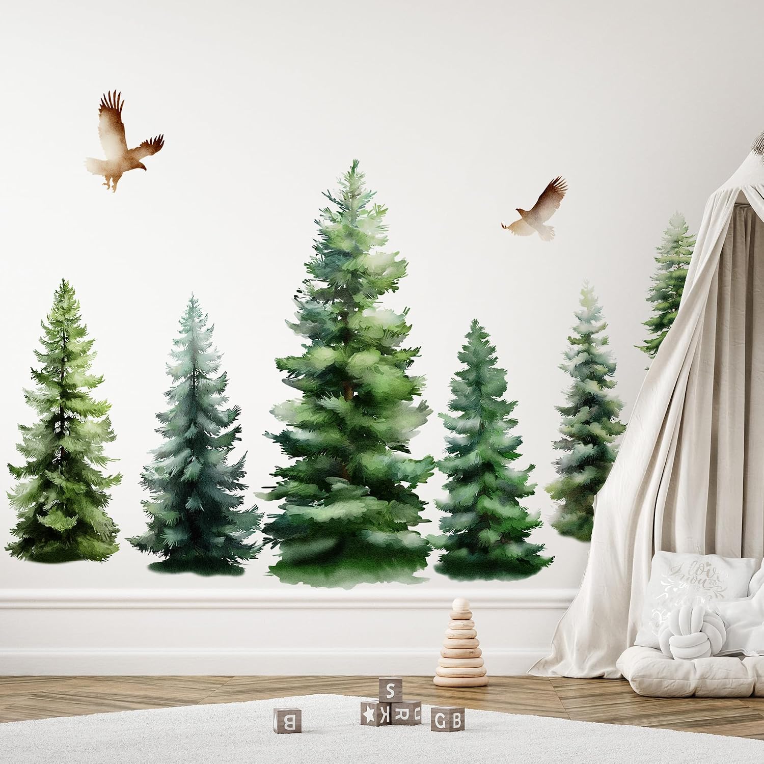 Watercolor Pine Trees Wall Decal, Peel and Stick Forest Decals Mural, Wilderness Wall Art Stickers for Kids, Boys and Girls Room, Bedroom & Toddler Room Decor (Christmas Woodland Wall Decal 88)
