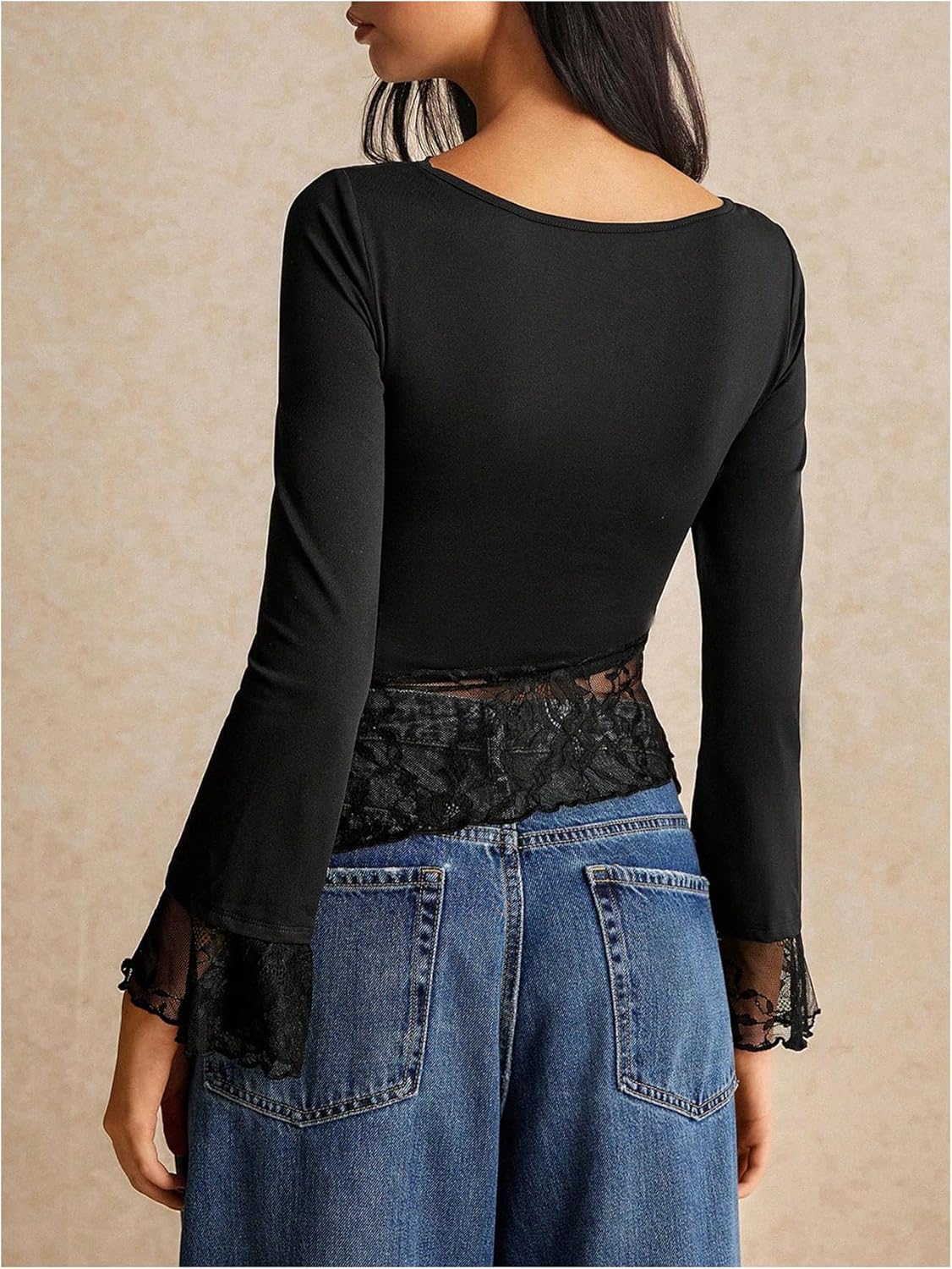 OYOANGLE Women's Long Sleeve Lace Patchwork T Shirt Boat Neck Slim Fit Asymmetrical Hem Tee Tops - Image 3