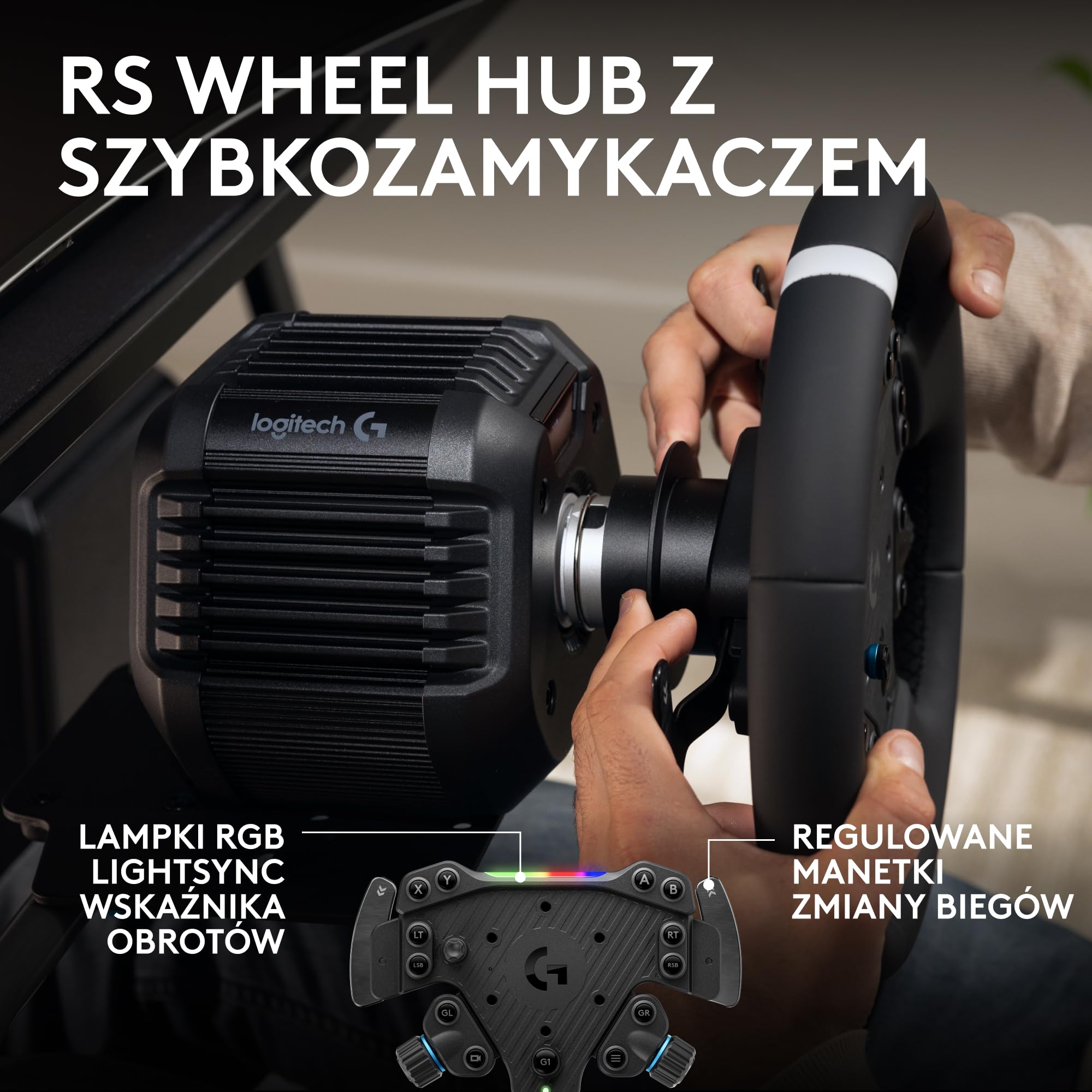 Logitech G RS50 System, 3-szt zestaw do symulatorów wyścigów | Baza RS50 direct drive 8Nm, RS Wheel Hub, 13 przycisków, kierownica RS Round Wheel 28 cm – PS5/PS4/PC - Czarny