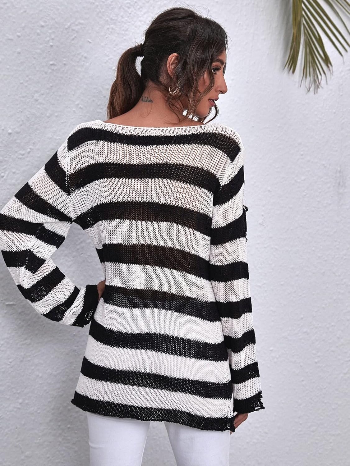 BEDAW Women's Sweater Stripe Ripped Sweater Sweater for Women (Color : Multicolor, Size : Medium)