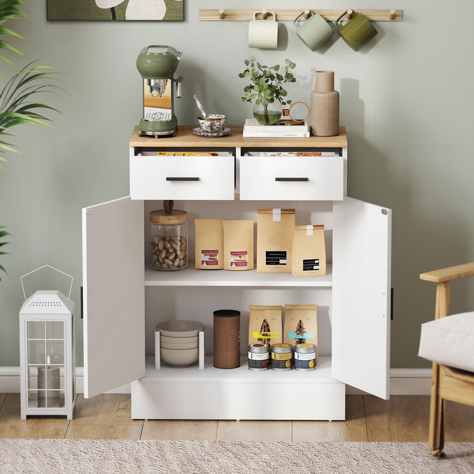 HOMCOM Aparador de 2 Puertas, Aparador de Salón con 2 Cajones y Estantes Ajustables, para Cocina, Entrada, Dormitorio, Blanco y Natural, 68,6x35x90,3 cm