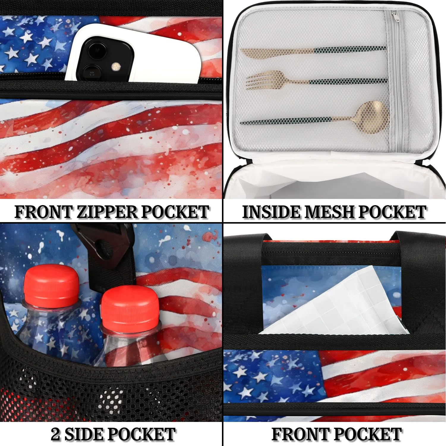 Grand sac à déjeuner isotherme avec drapeau du jour de l'indépendance américaine pour adultes, hommes, femmes, enfants, filles, garçons, sac isotherme pour le travail, le pique-nique, le barbecue