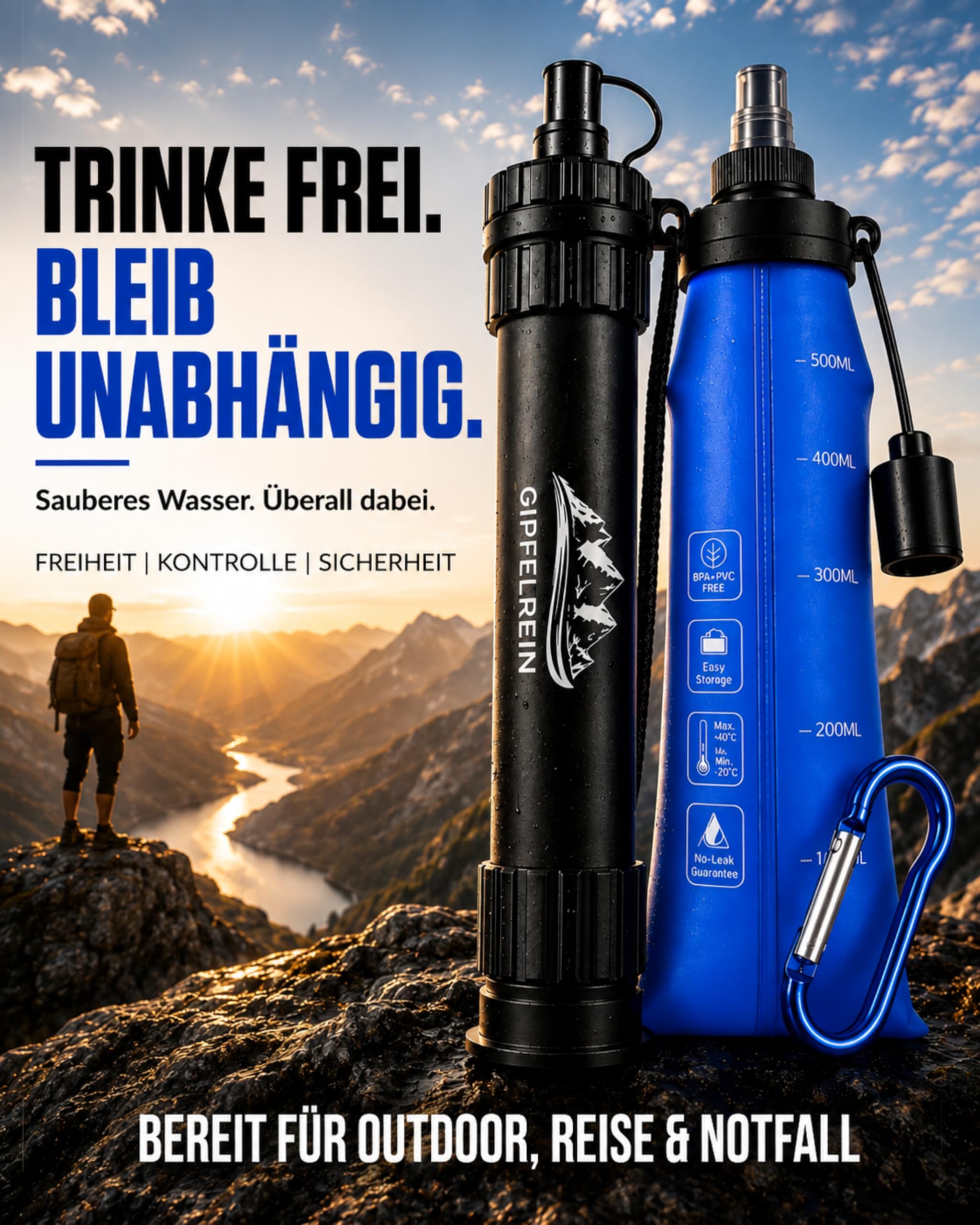 Wasserfilter Outdoor + faltbare Trinkflasche 0,5L I Tragbarer Trinkwasserfilter für Camping, Wandern & Survival I Filtert 99,99% der Bakterien I Trinkwasseraufbereitung für 4000L I Gipfelrein