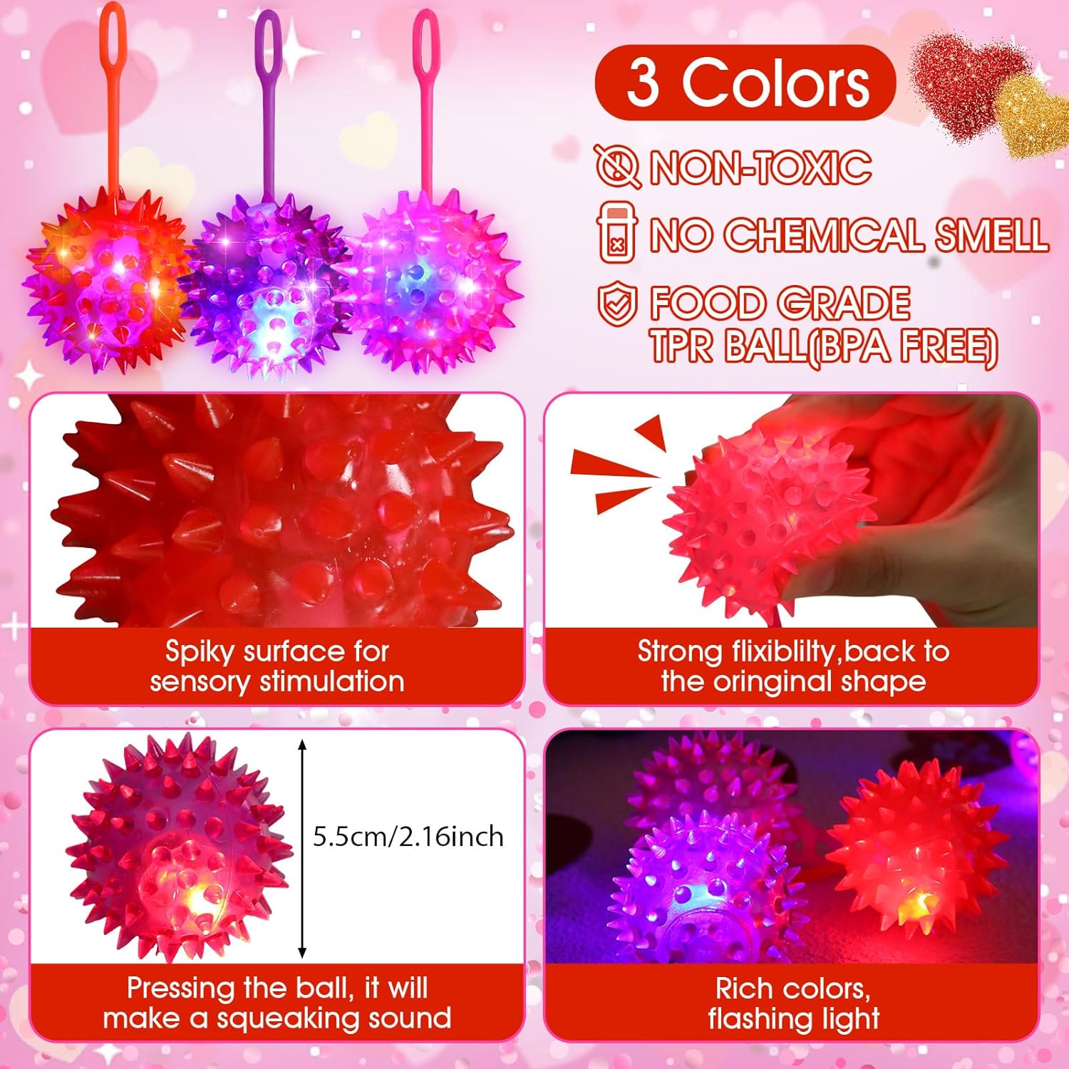 Sotiff 60 Pieces Light up Ball Spiky LED Bouncy Ball Flashing Squeaky Multicolor Puffer Toy Stress Relief Spiky Balls Lovely Rubber Sensory Toys for Kids Prizes Gifts Party Favors Easter Stuffers