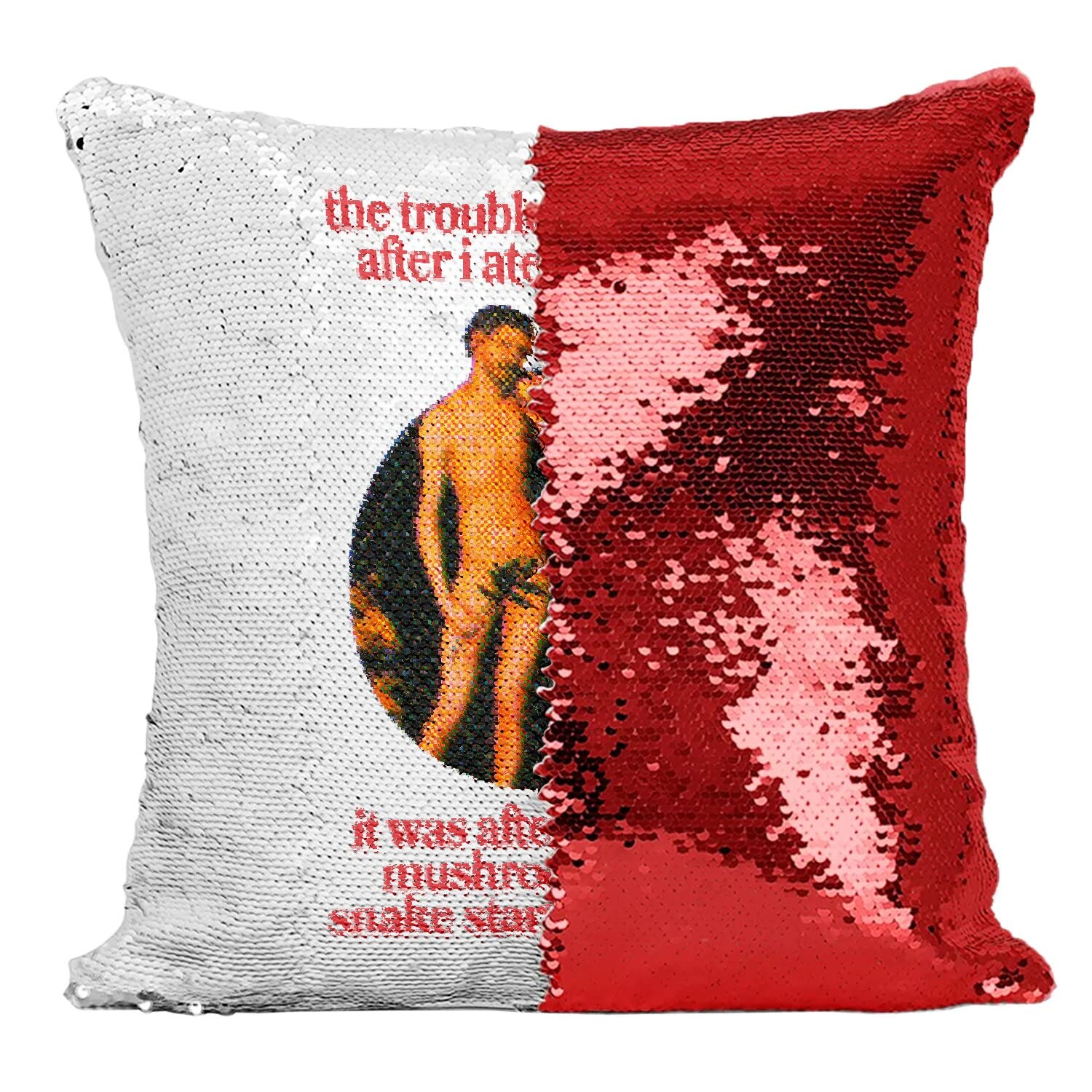 Coussin sequin rouge Fabulous pour rompre l'ennui déco avec la parodie Adam et Eve