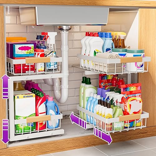ADBIU Under Sink Organizer 2 Pack, Adjustable Height (11"-15.75") Under Cabinet Storage, 2 Tier Pull Out Sliding Drawers for Kitchen Bathroom, Heavy Duty Metal Shelf, White