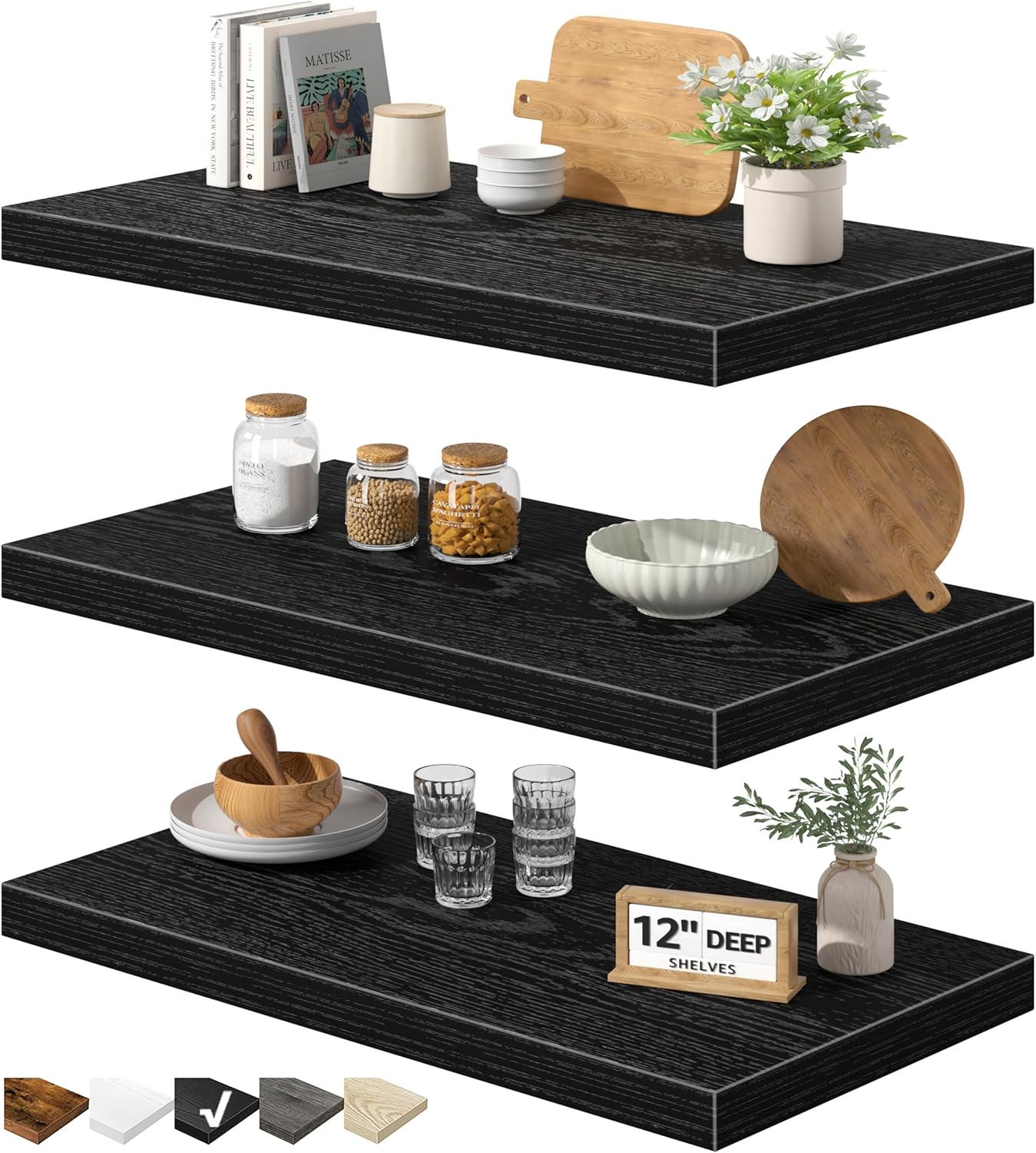 QEEIG 12" Deep Floating Shelves for Wall - 12 x 24 inch Book Shelf Bathroom Bedroom Kitchen Living Room Hanging Bookshelf Farmhouse Set of 3, Black (026-60B3) 12"D x 23.6"W Black