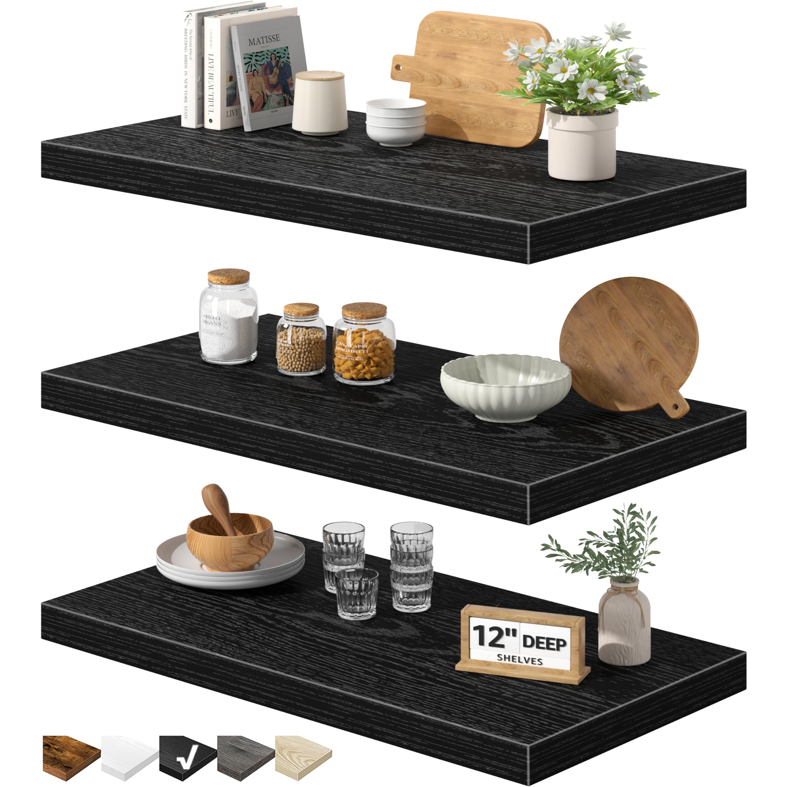 QEEIG 12" Deep Floating Shelves for Wall - 12 x 24 inch Book Shelf Bathroom Bedroom Kitchen Living Room Hanging Bookshelf Farmhouse Set of 3, Black (
