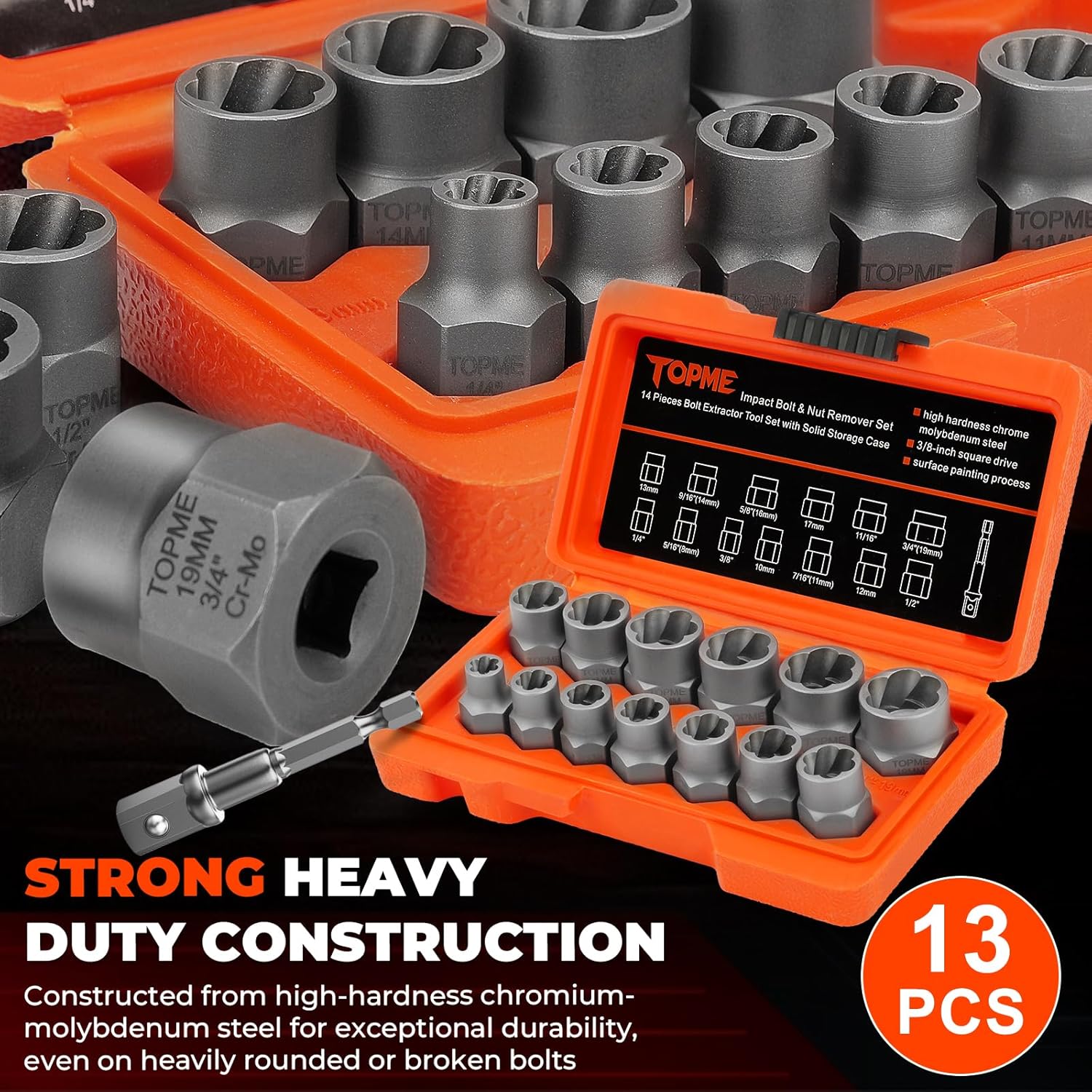 Bolt Extractor Kit,14 Piece Impact-Grade CR-MO Steel Nut Remover Set, 3/8" Drive Socket for Removing Frozen/Rusted/Rounded Bolts & Lug Nuts (Sizes 8-19mm),Automotive & Machinery Repair