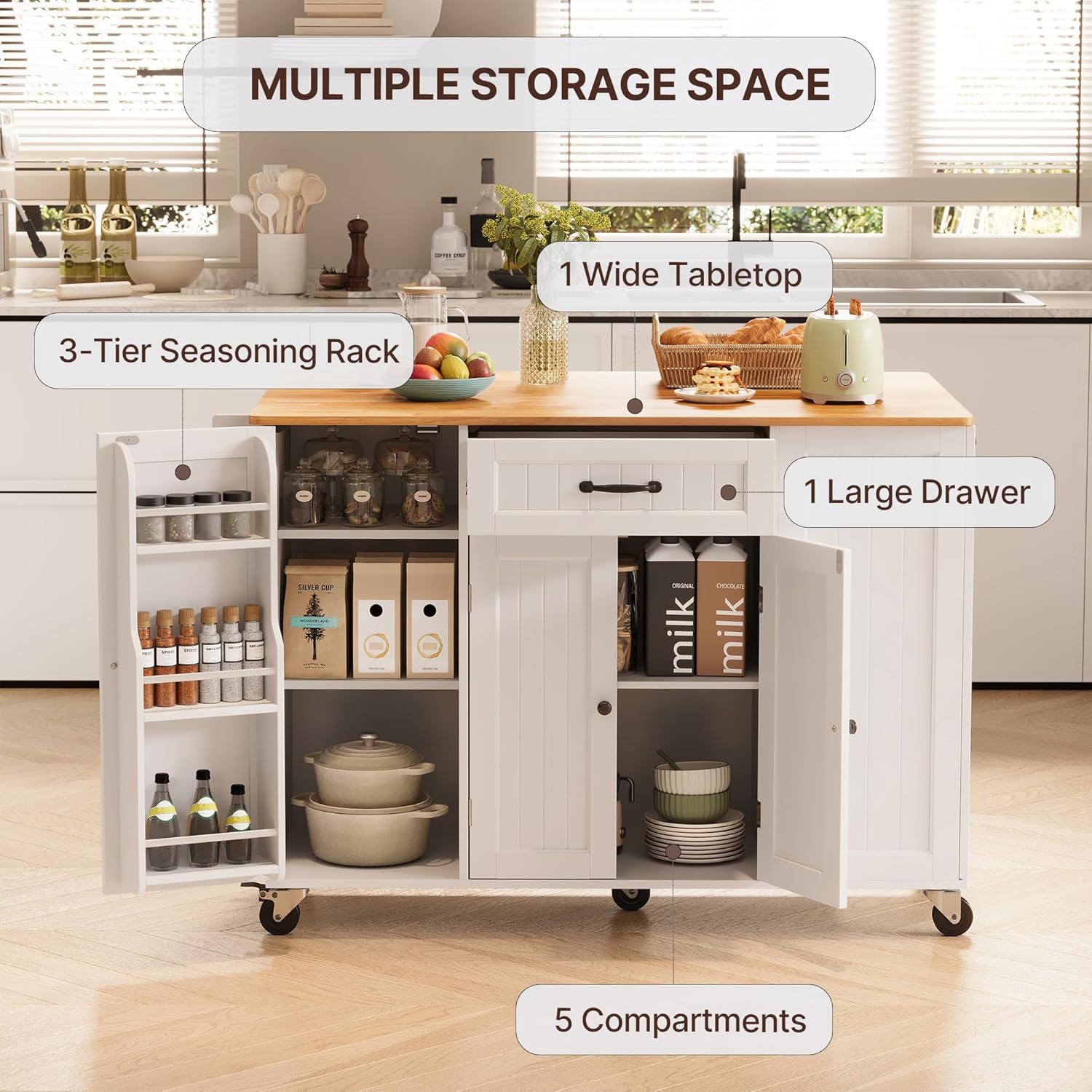 Gizoon Kitchen Island with Storage, 51.6" W Rolling Kitchen Cart with Desktop Drop Leaf Countertop, Mobile Island Cart with Trash Storage Cabinet, Adjustable Shelves, for Dining Room, White