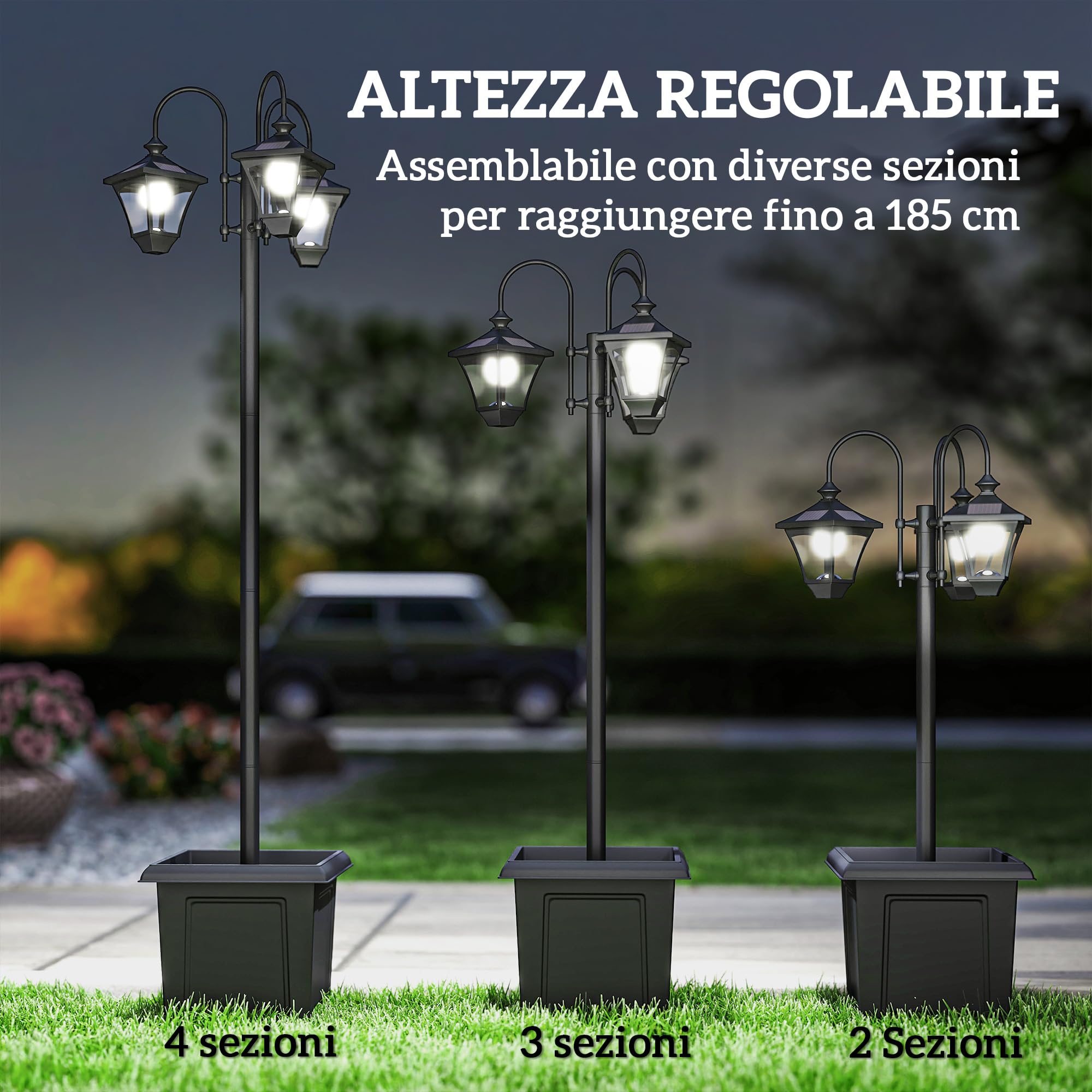 Outsunny Lampione da Giardino Solare a 3 Teste 1.85 m Altezza Regolabile | Lampada da Giardino in Acciaio Inox, Accensione/Spegnimento Automatico, Impermeabile, per Esterno Patio Cortile