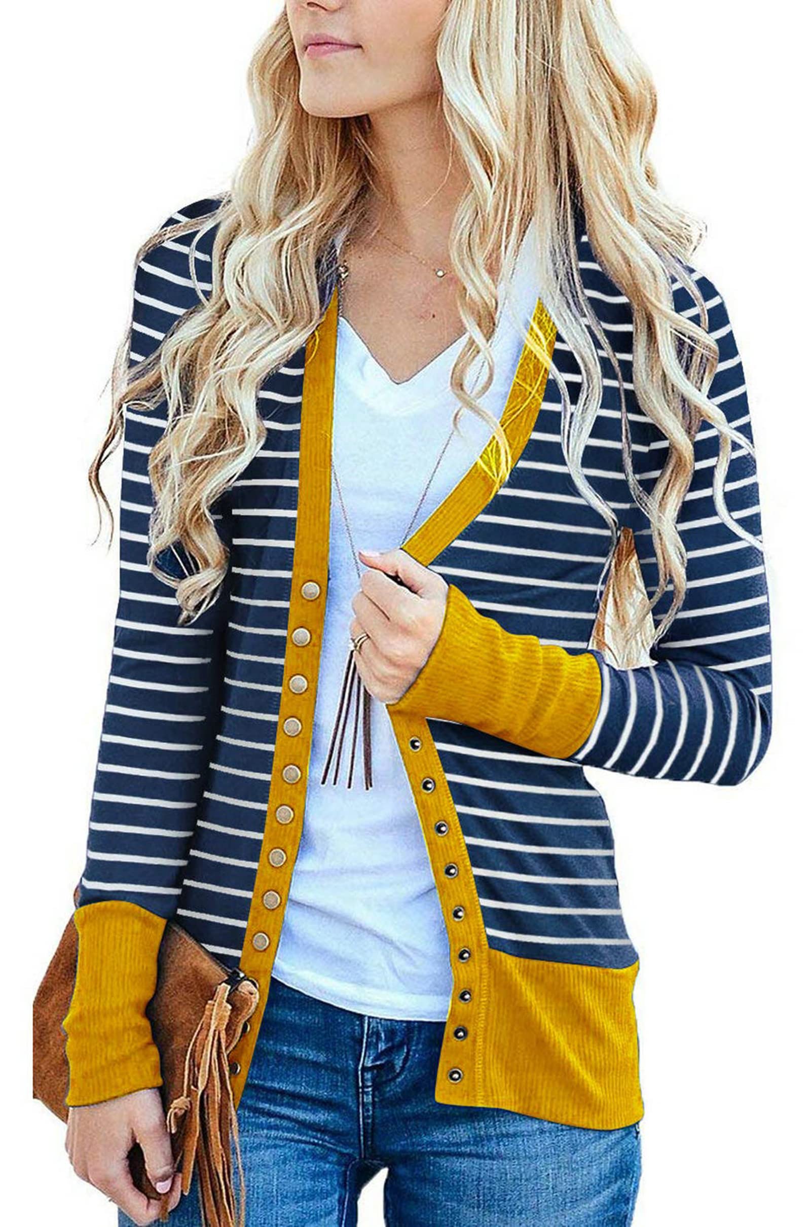 Women's Button Down Knitwear Casual Long Sleeve V-Neck Open Front Striped Cardigan Sweater
