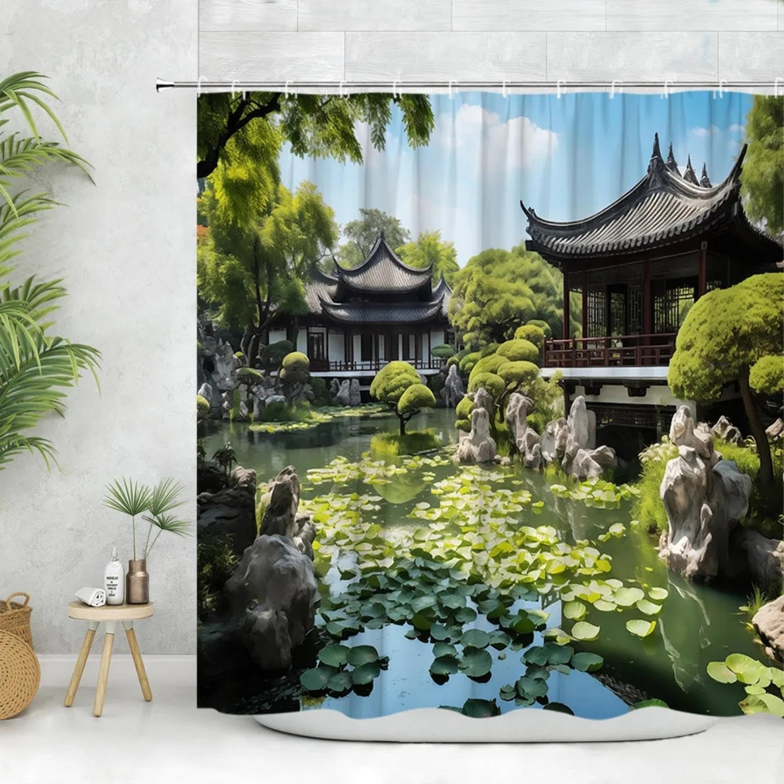 Rideau de douche jardin chinois avec pont et bambou pour salle de bain 175x220cm