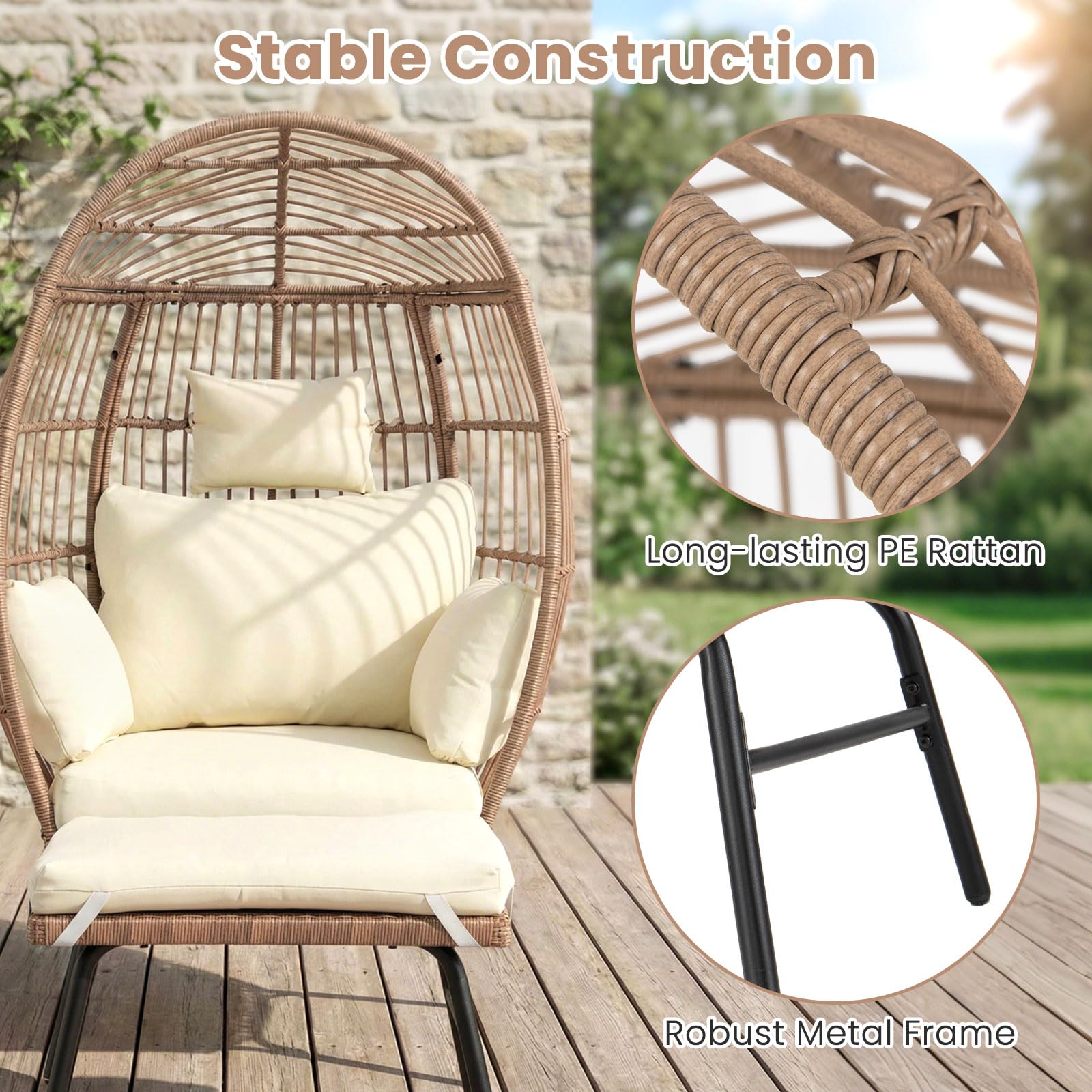 GIANTEX Poltrona a Uovo in Rattan PE con Pouf e Cuscini