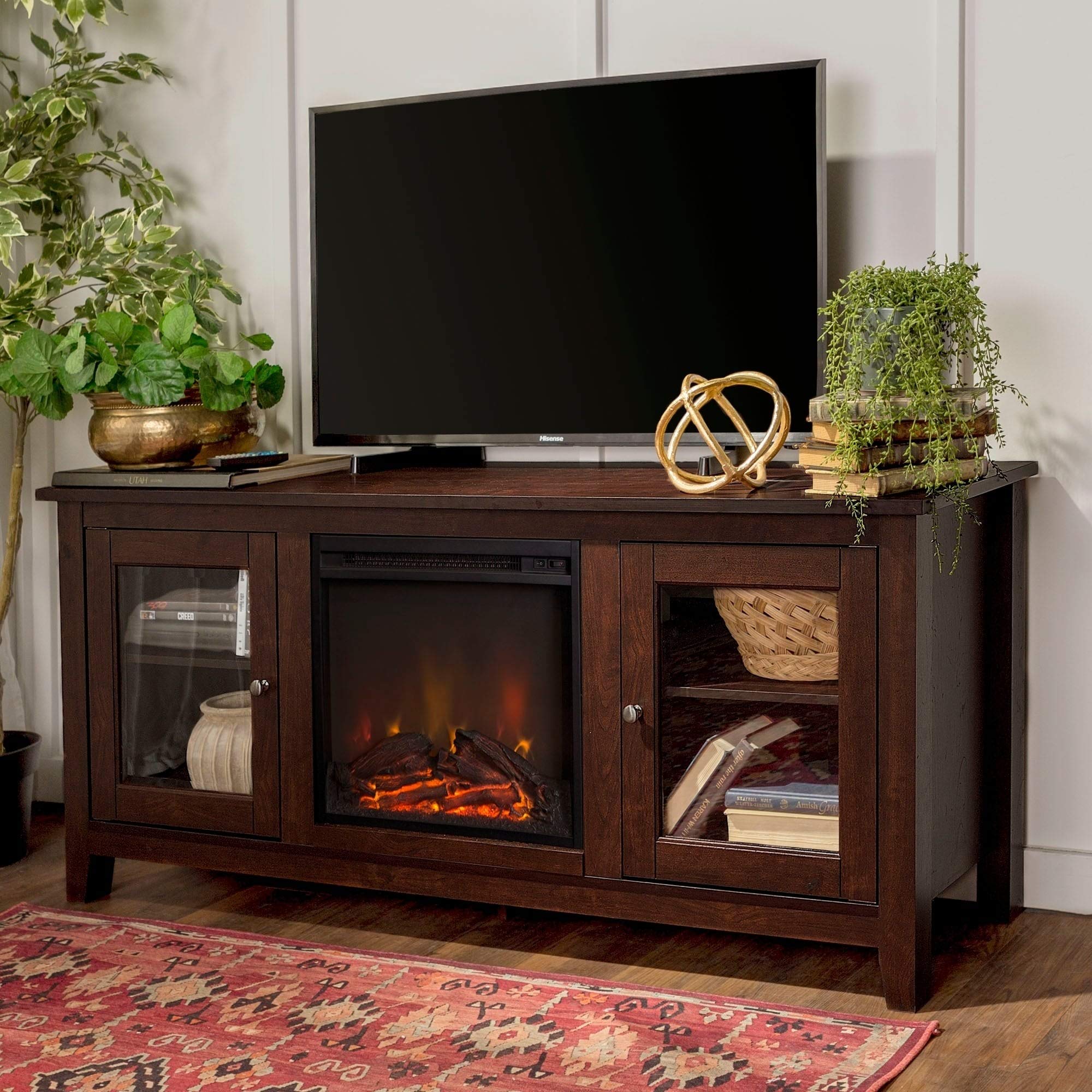 Amazon.com: MISC 58 Fireplace Tv Stand Console - Traditional Brown Casual  Transitional Glass MDF Wood Finish Adjustable Shelves Cable Management :  לבית ולמטבח