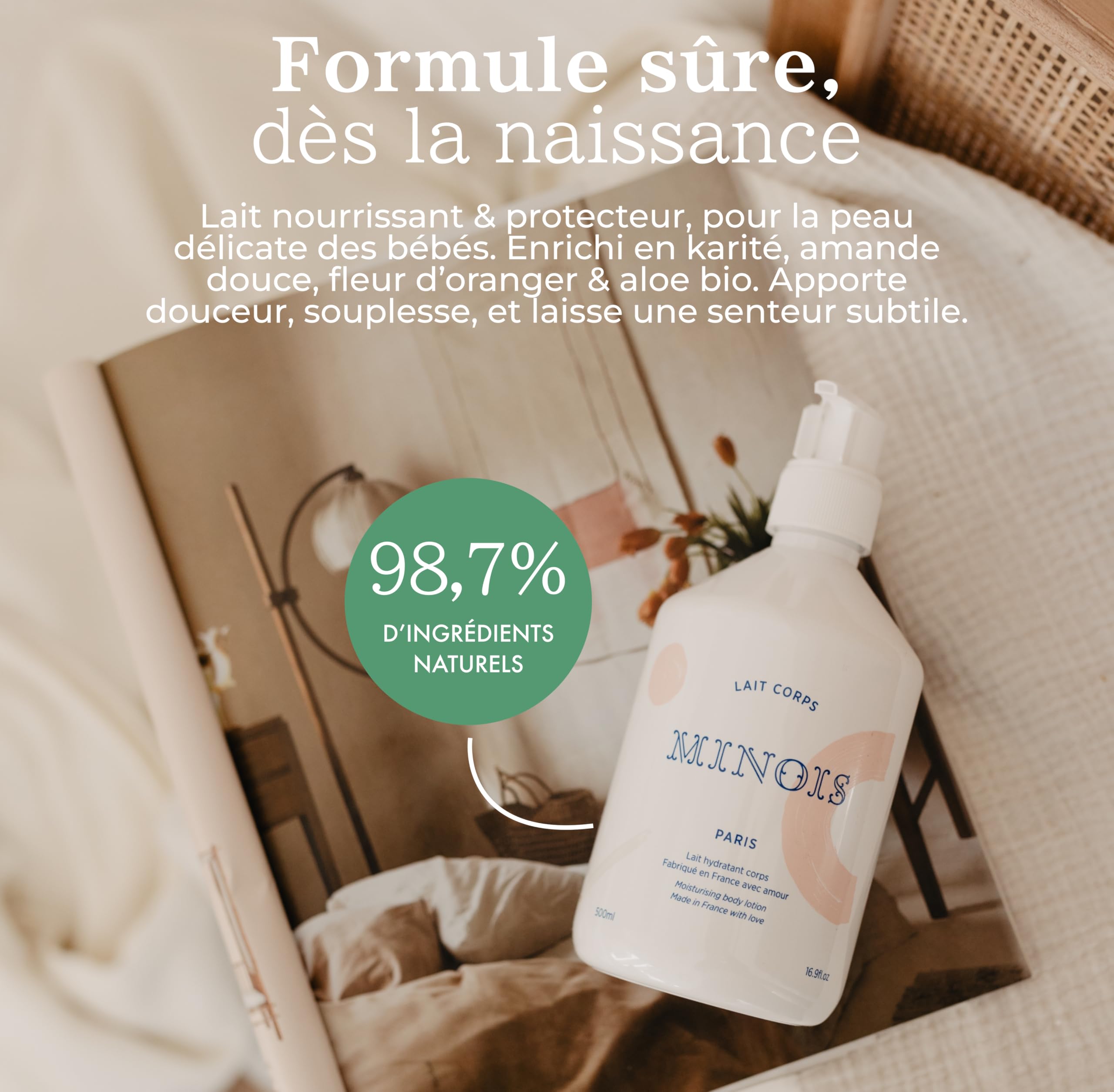 Minois Paris - Lait Corps Hydratant Bébé Format Familial - Nourrit, Protège, Non Gras - Propriétés Adoucissantes et Apaisantes - 98,7 % D'ingrédients D'origine Naturelle - Made in France - 500ML