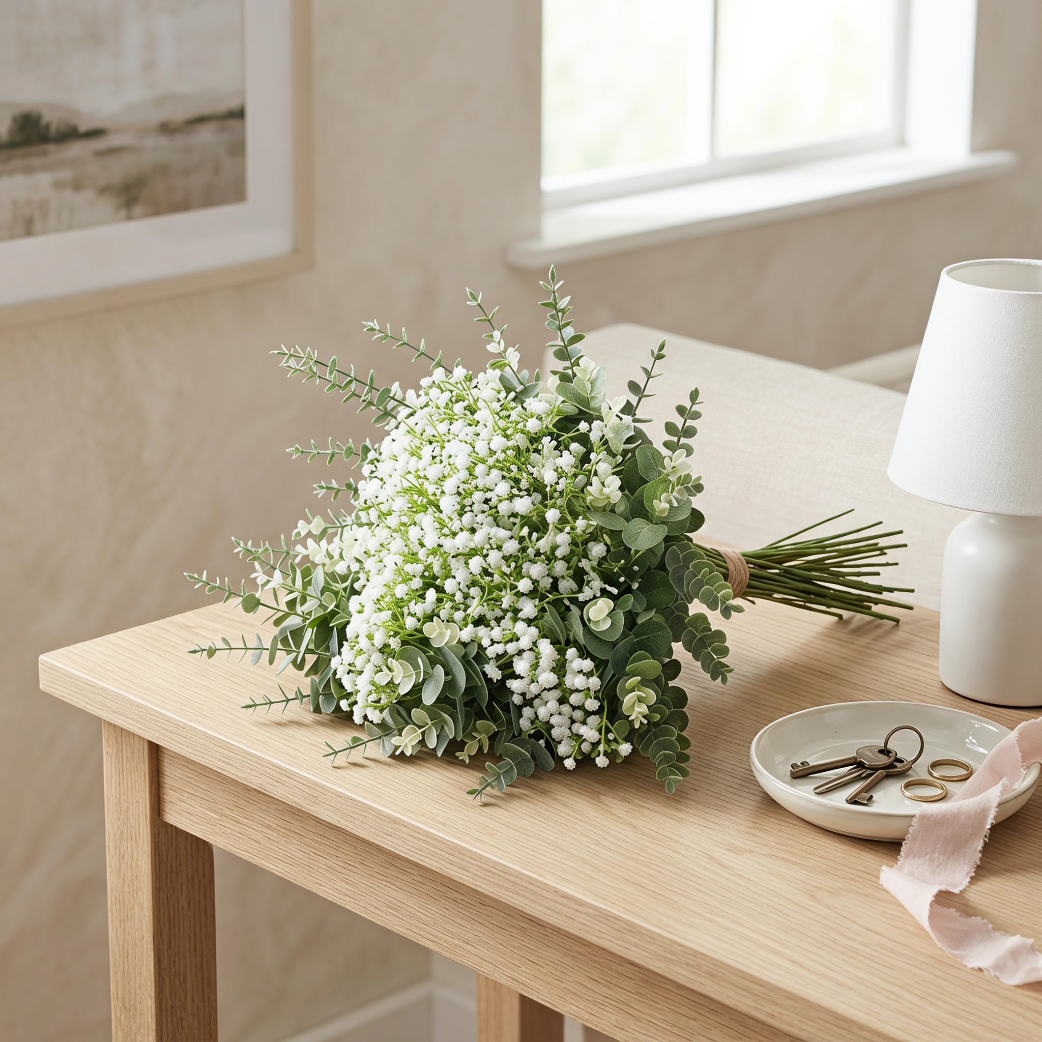 Künstlicher Blumenstrauß mit Schleierkraut und Eukalyptus, Real Touch Kunstpflanzen Deko für Vase, Biegbare Kunstblumen Stiele für DIY Hochzeit Brautstrauß, Heim Tischdekoration, Grün & Weiß