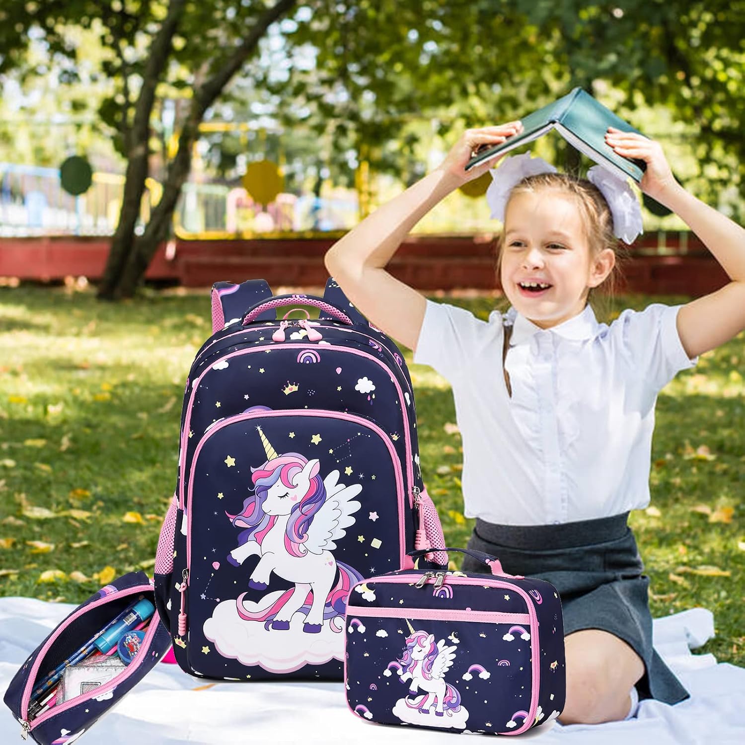 Girls Backpack for Elementary Unicorn Backpack Kids Backpack School Bookbag for Girls 3 in 1 Set Back to School - Image 7