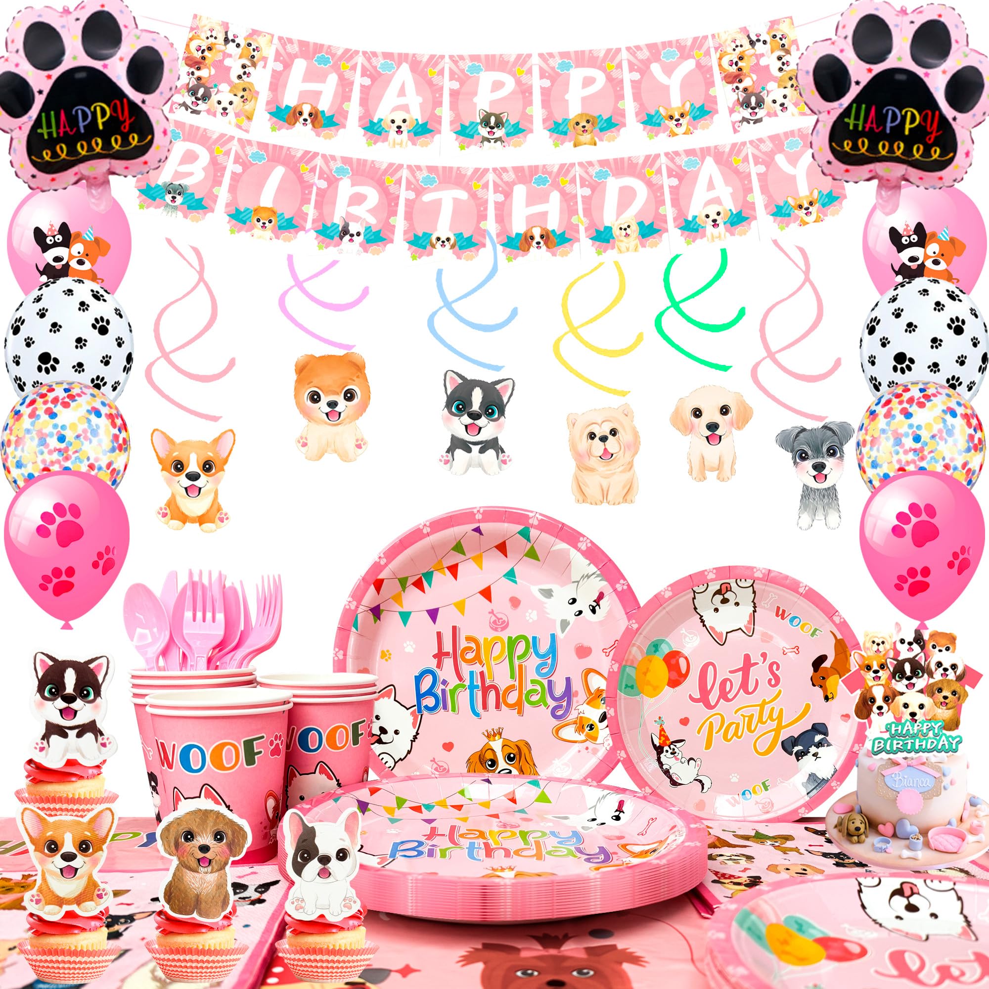 Pink Puppy Birthday Party Decorations for 16 Guests, 161pcs Puppy Party Tableware Set- Pink Dog Plates Cups Napkins Banner Balloons Cupcake Toppers etc Dog Birthday Party Supplies
