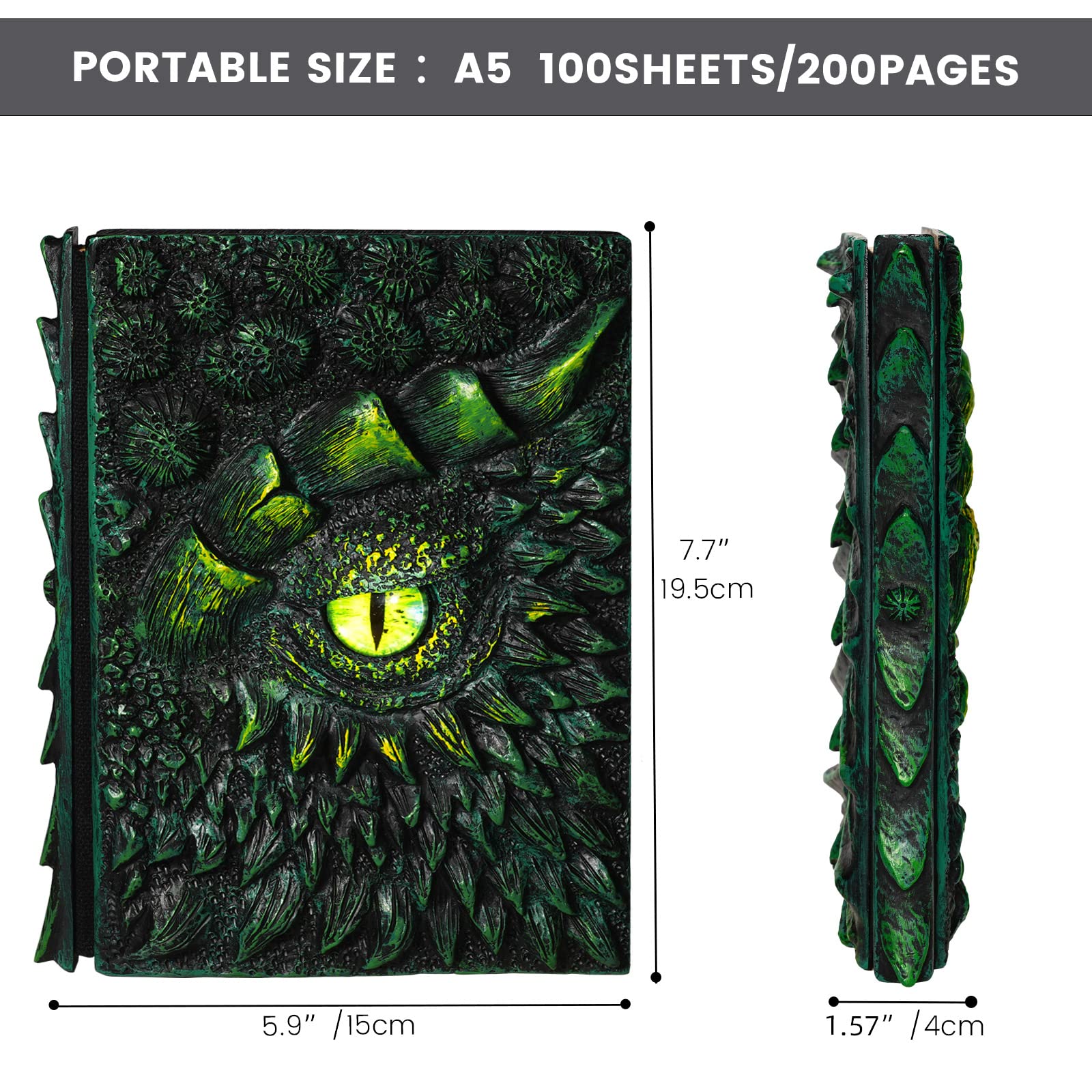 molshine Journal de dragon en relief 3D A5 (7,3" x 5,1"), carnet gravé en résine, 100 feuilles vierges, carnet de voyage à couverture rigide, bon pour l'écriture, carnet de croquis, cadeau (Vert)