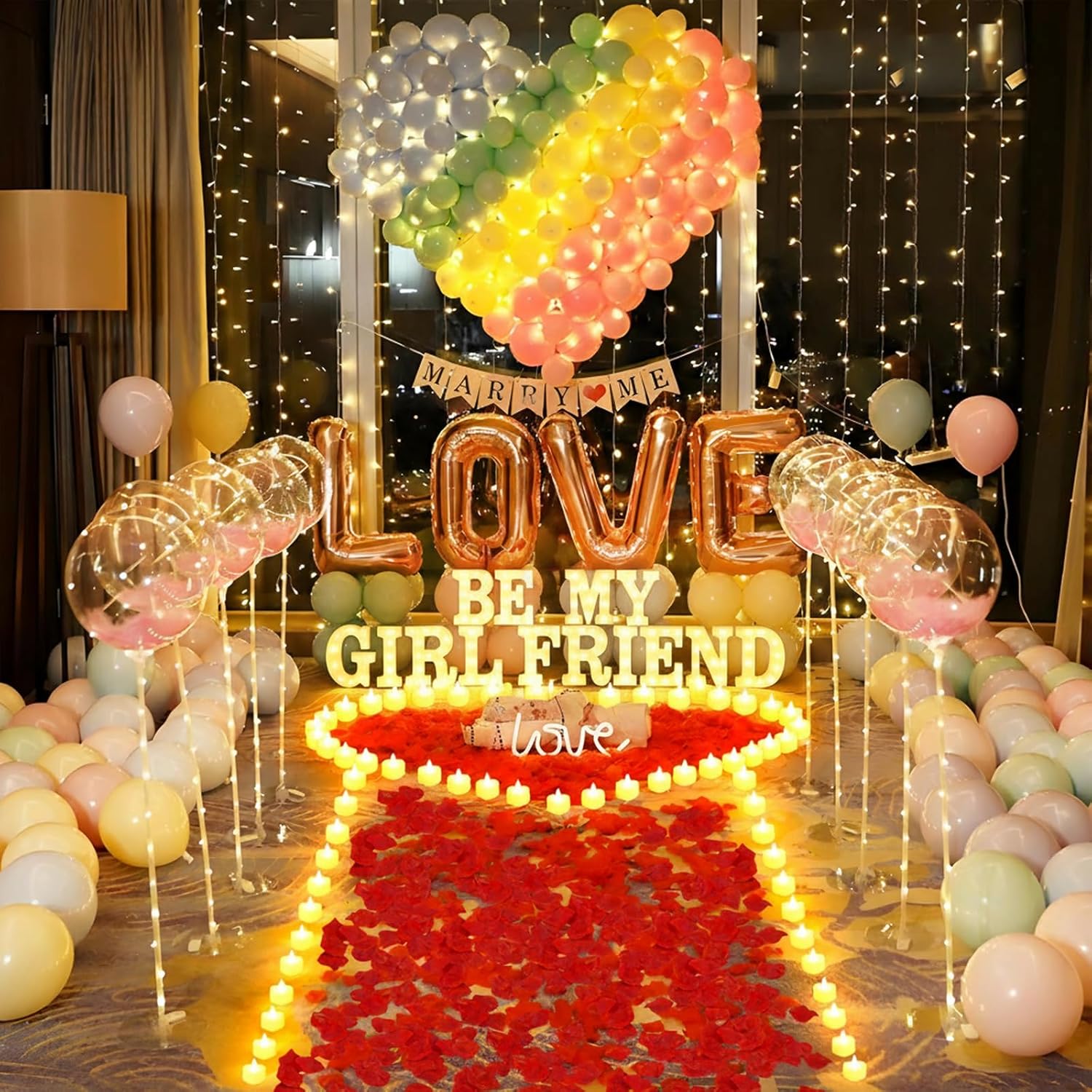 2038 Pcs Be My Girlfriend Light Up Letters Proposal Decorations, Be My Girlfriend Sign with 24 Pcs Heart Flameless Candles 2000 Pcs Rose Petals for Valentine's Day Romantic Night Decor - Image 2