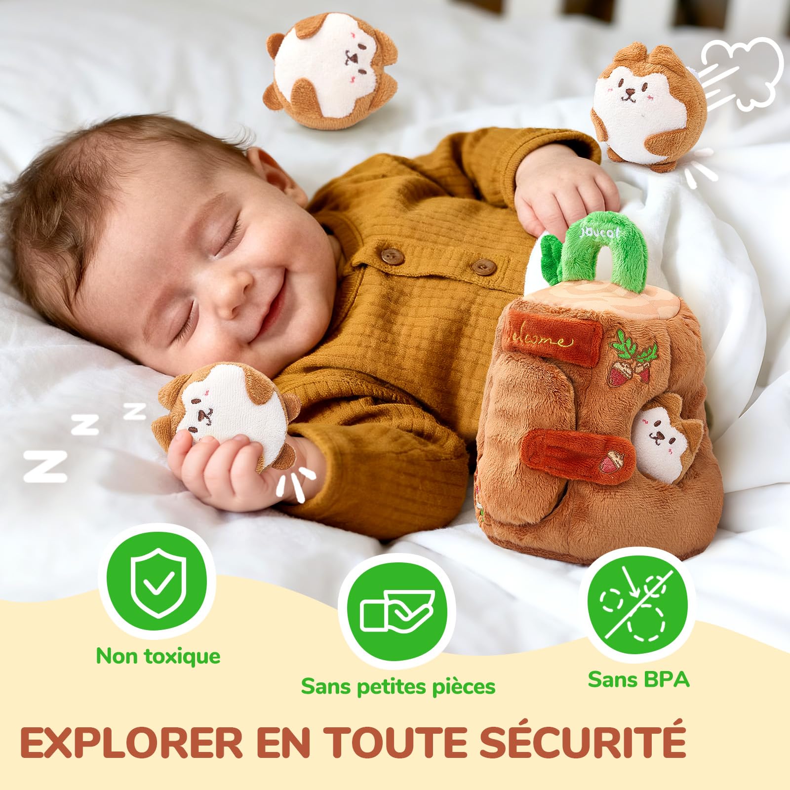 JoyCat Jouet Bebe 6-12 Mois, Cabane en Peluche avec 5 Écureuils, Hochet, Miroir, Jouet Sensoriel Montessori Bébé 6 Mois, Cadeau Bebe Enfant Garçon et Fille 1 an