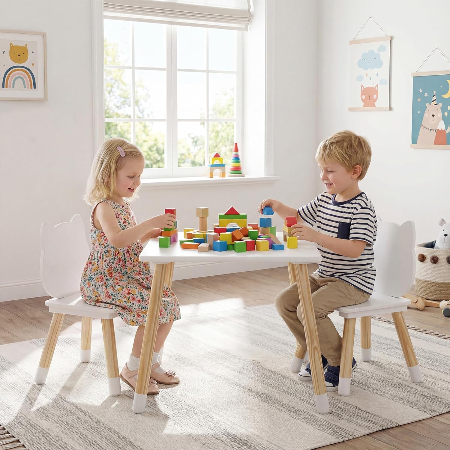 INFANS Kids Table and Chair Set, Wooden Toddler 3-Piece Desk for Playing Eating Drawing Reading Art Crafts, Ideal Children Furniture for Kindergarten Classroom