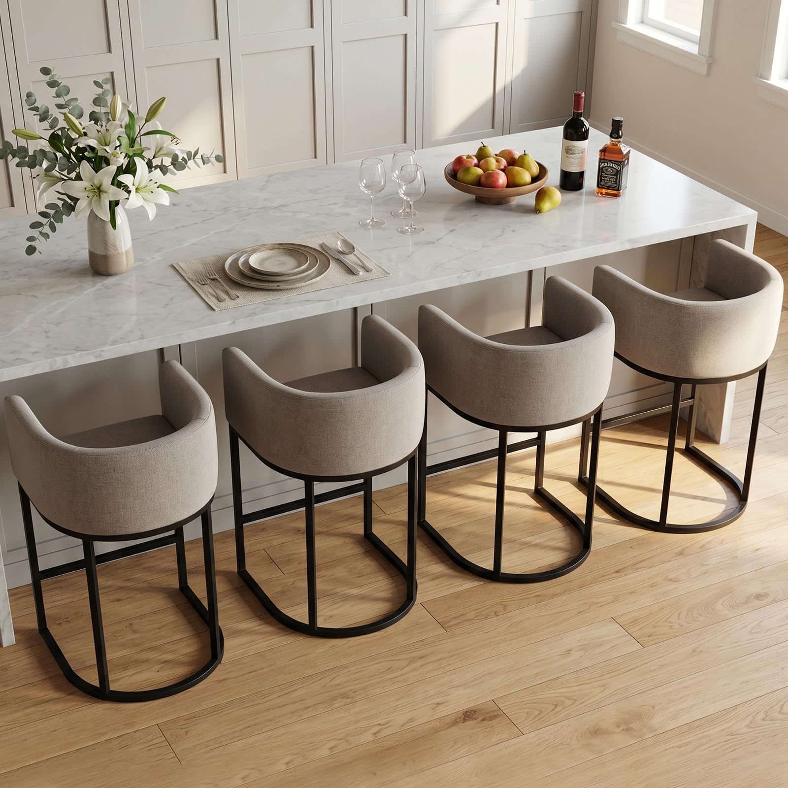 Counter Height Bar Stools Set of 4, 24 Inch Seat Height Barstools for Dining Room, Fabric Upholstered Bar Chair for Kitchen Island, Linen Counter Stools with Metal Legs, Sand